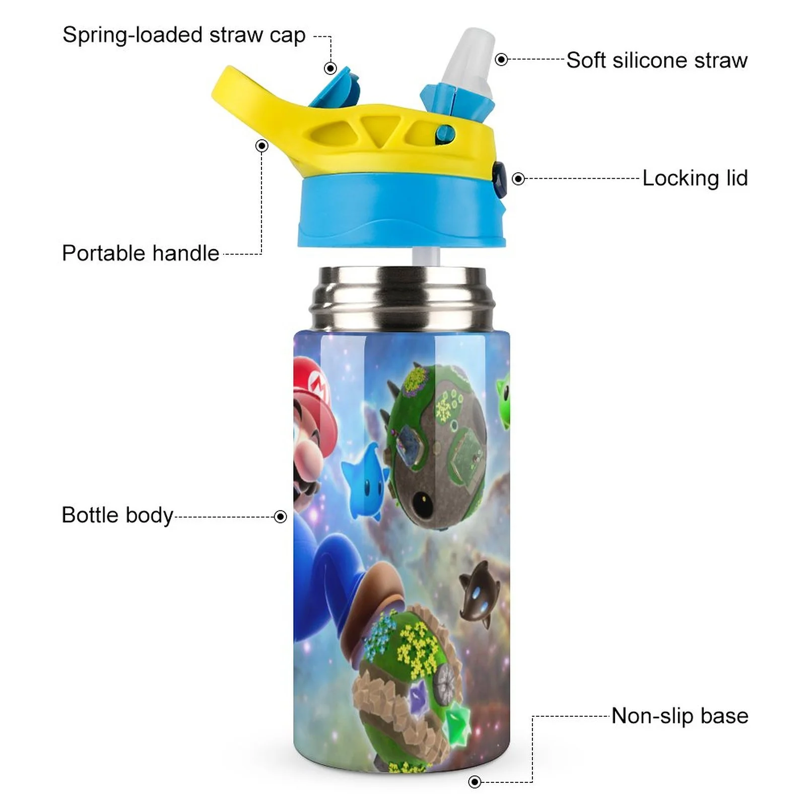 Mario Galaxy Kid's Insulated Water Bottle With Straw Vacuum Stainless Steel Cup Leak-Proof Children Toddler Thermoses