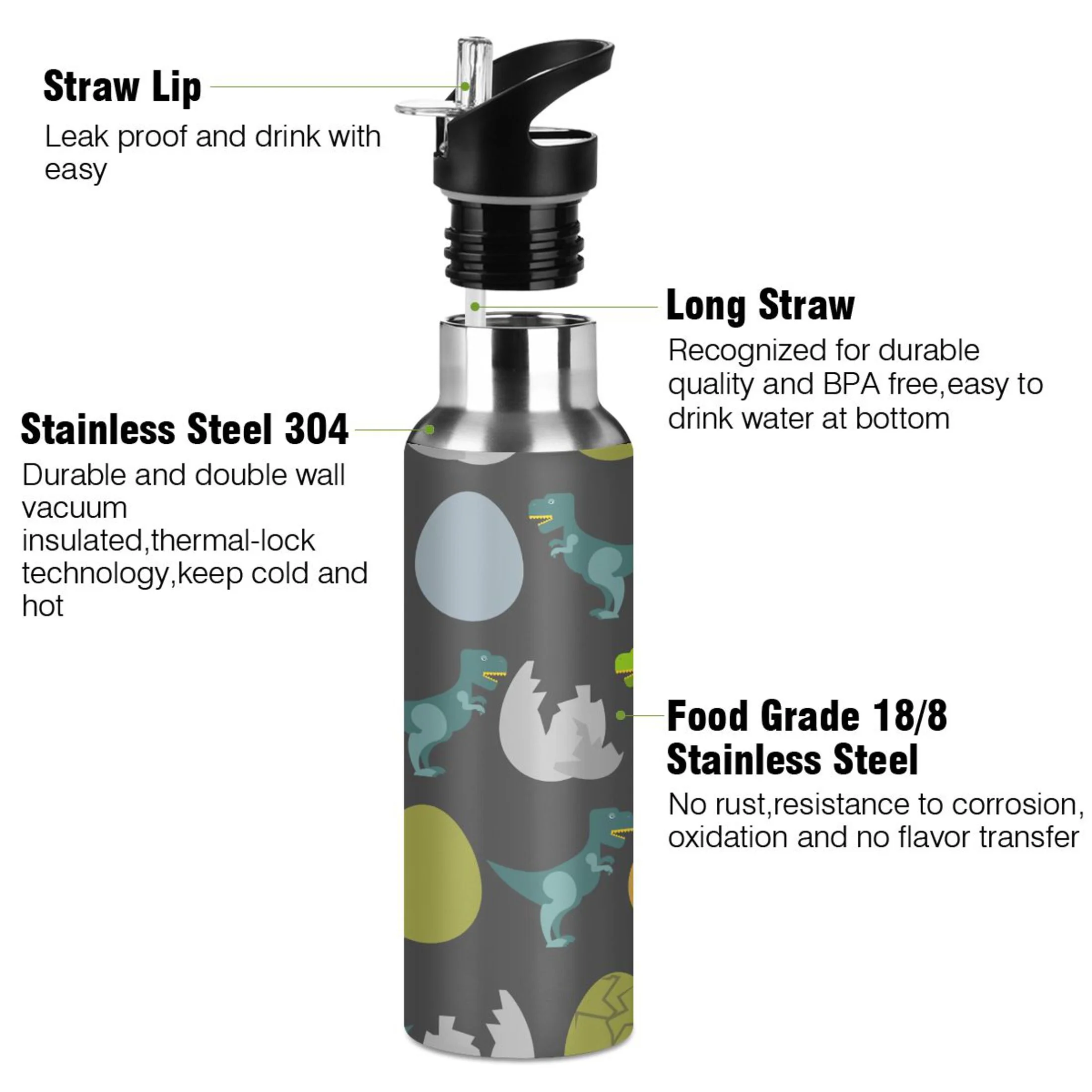 Stainless Steel Water Bottle Cute Dinosaur with Straw Lid Vacuum Insulated Keeps Hot and Cold Leak Proof Flask Jug for Gym Travel Sports Cycling Outdoor 20 OZ