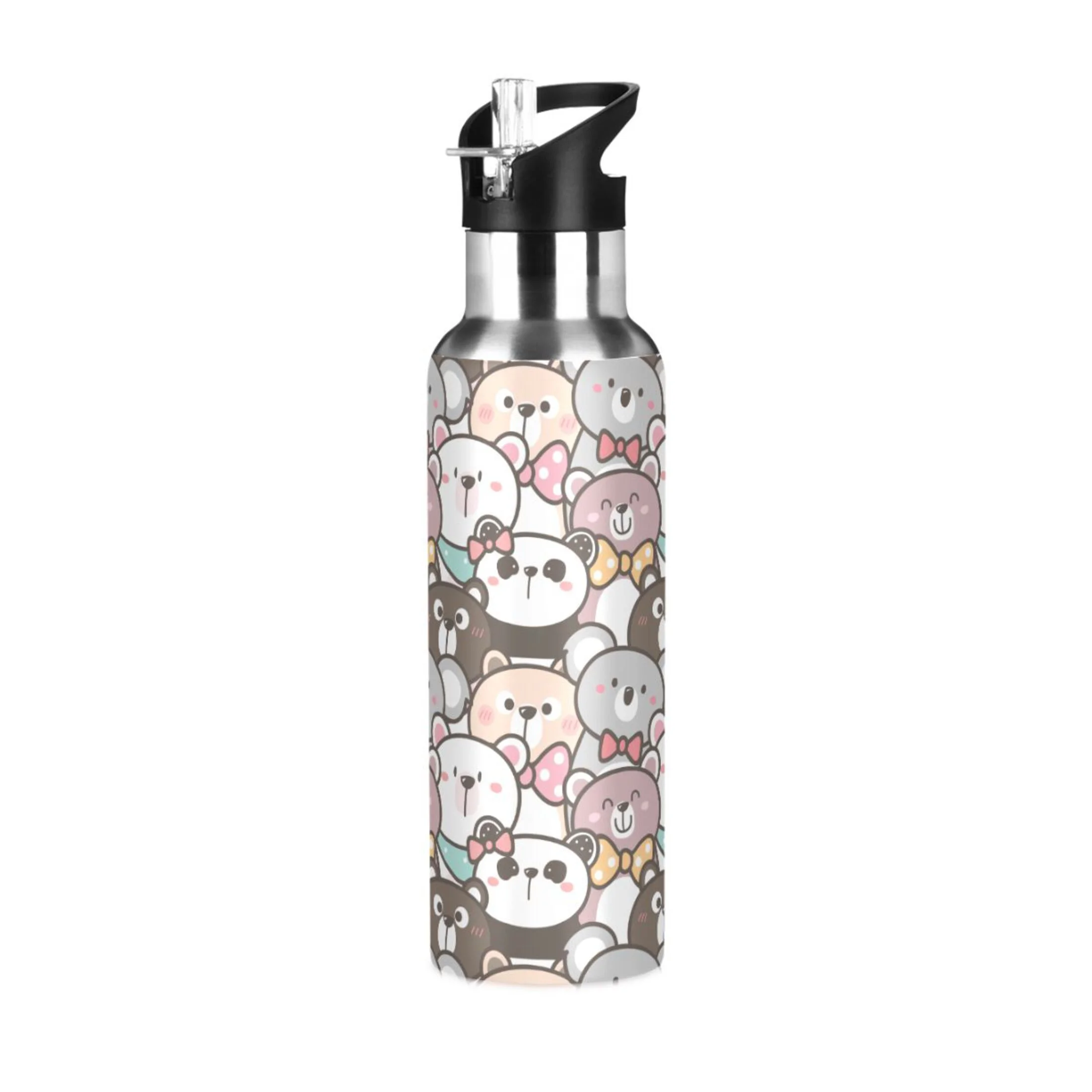 Water Bottle with Straw Lid Leak Cute Cartoon Bear Panda and Koala Stainless Steel Insulated Thermos Vacuum Flask for Cold Hot Drinking for Sports Camping Gym Yoga