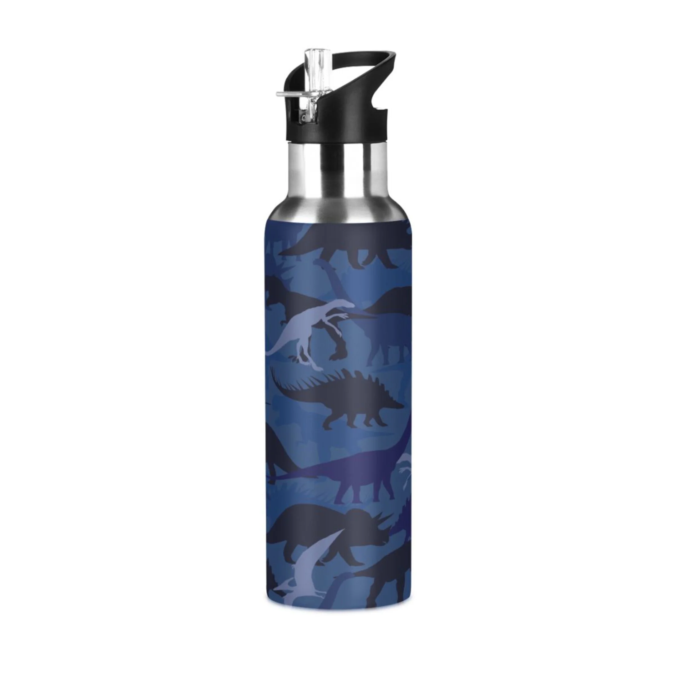 Water Bottle with Straw Lid Leak Dinosaur Blue Camouflage Stainless Steel Insulated Thermos Vacuum Flask for Cold Hot Drinking for Sports Camping Gym Yoga