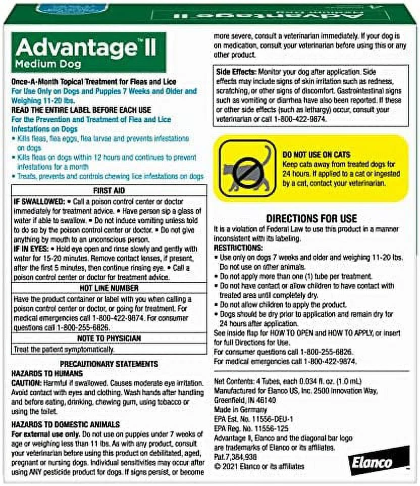 Advantage II Medium Dog Vet-Recommended Flea Treatment & Prevention | Dogs 11-20 lbs. | 4-Month Supply 4-Pack