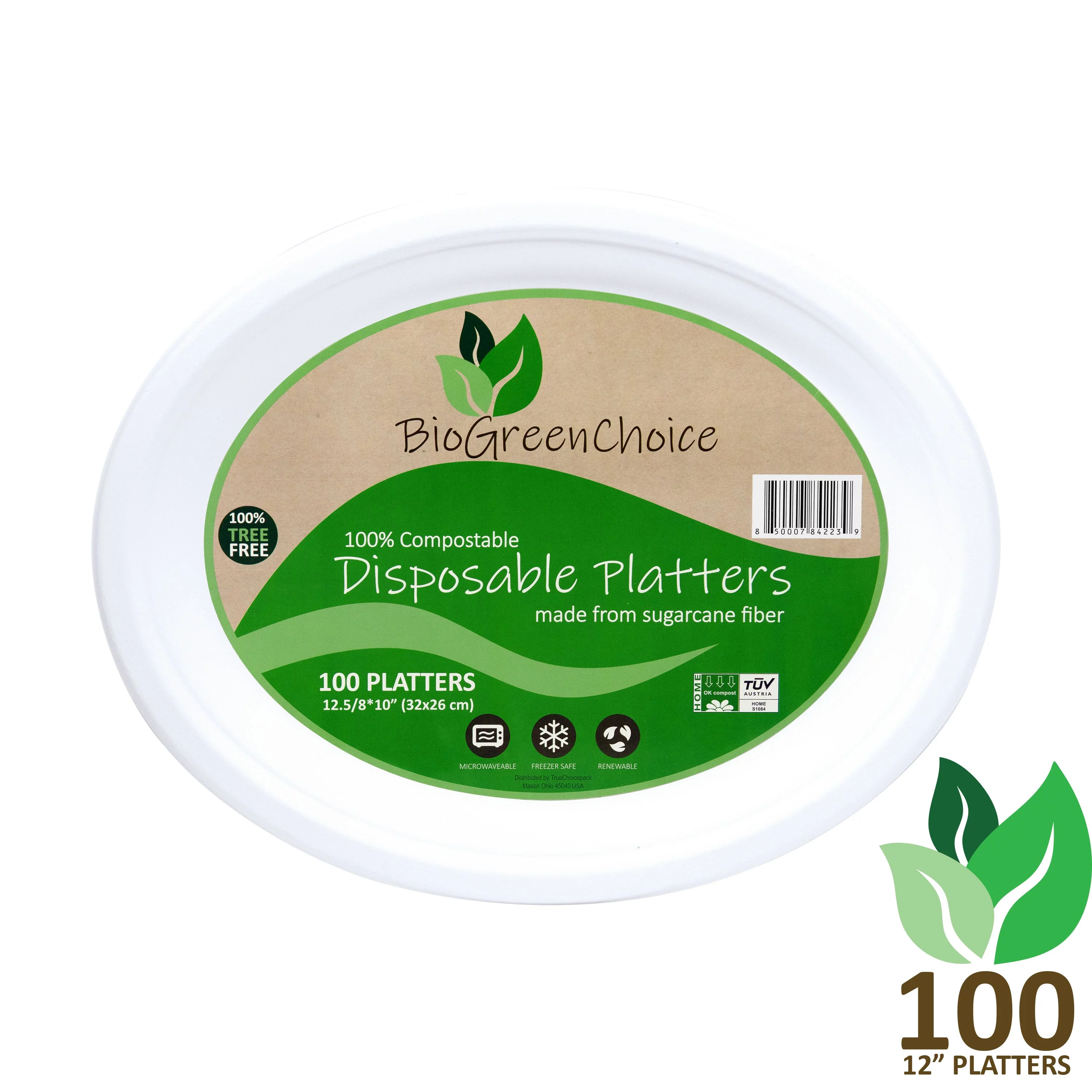 BioGreenChoice 12 5/8 in x 10 in. Large Oval Serving Platters (100 count) Eco-Friendly Biodegradable paper platters for Thanksgiving, BBQs & events -Heavy duty & Microwave safe
