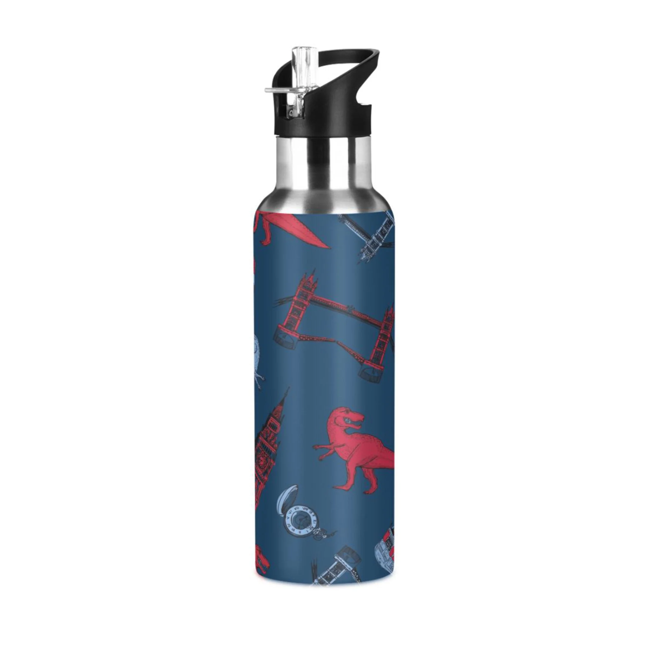 Stainless Steel Water Bottle Dinosaur British Style with Straw Lid Vacuum Insulated Keeps Hot and Cold Leak Proof Flask Jug for Gym Travel Sports Cycling Outdoor 20 OZ