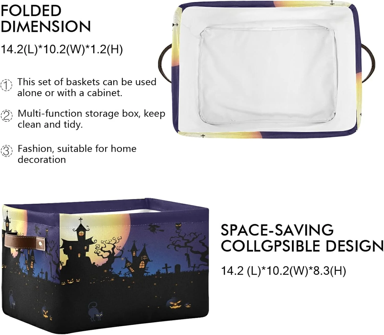 Wellsay Halloween Castle Moon Cat Storage Bin for Toy Storage Basket Dirty Clothes Sundries Office Home Closet Organizer Shelf Cube Box Waterproof Laundry Basket