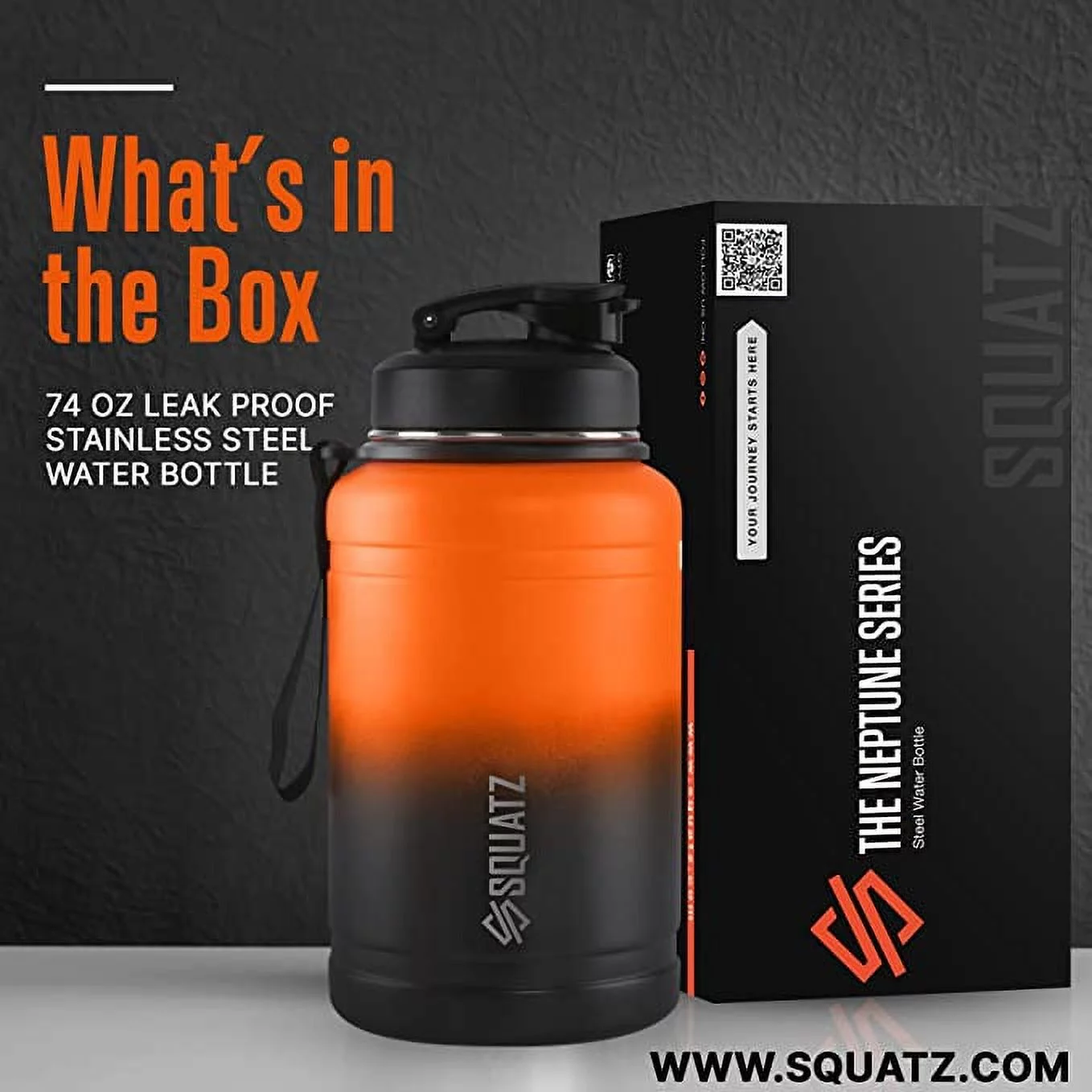 Squatz 74 Oz Neptune Series Steel Water Bottle, Stainless Double Wall Vacuum Jug W/ Handle Strap