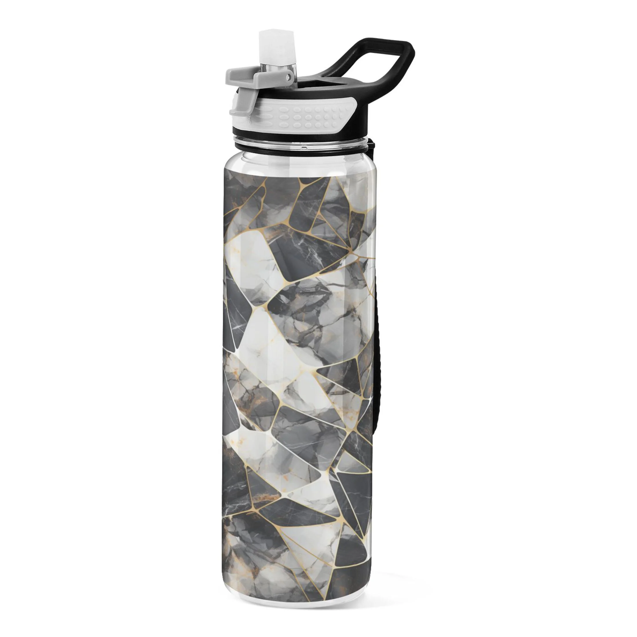 Marble Black 32oz Water Bottles with Straw Tritan Leakproof Sports Bottle BPA Free Clear for Fitness Gym Swimming Cycling