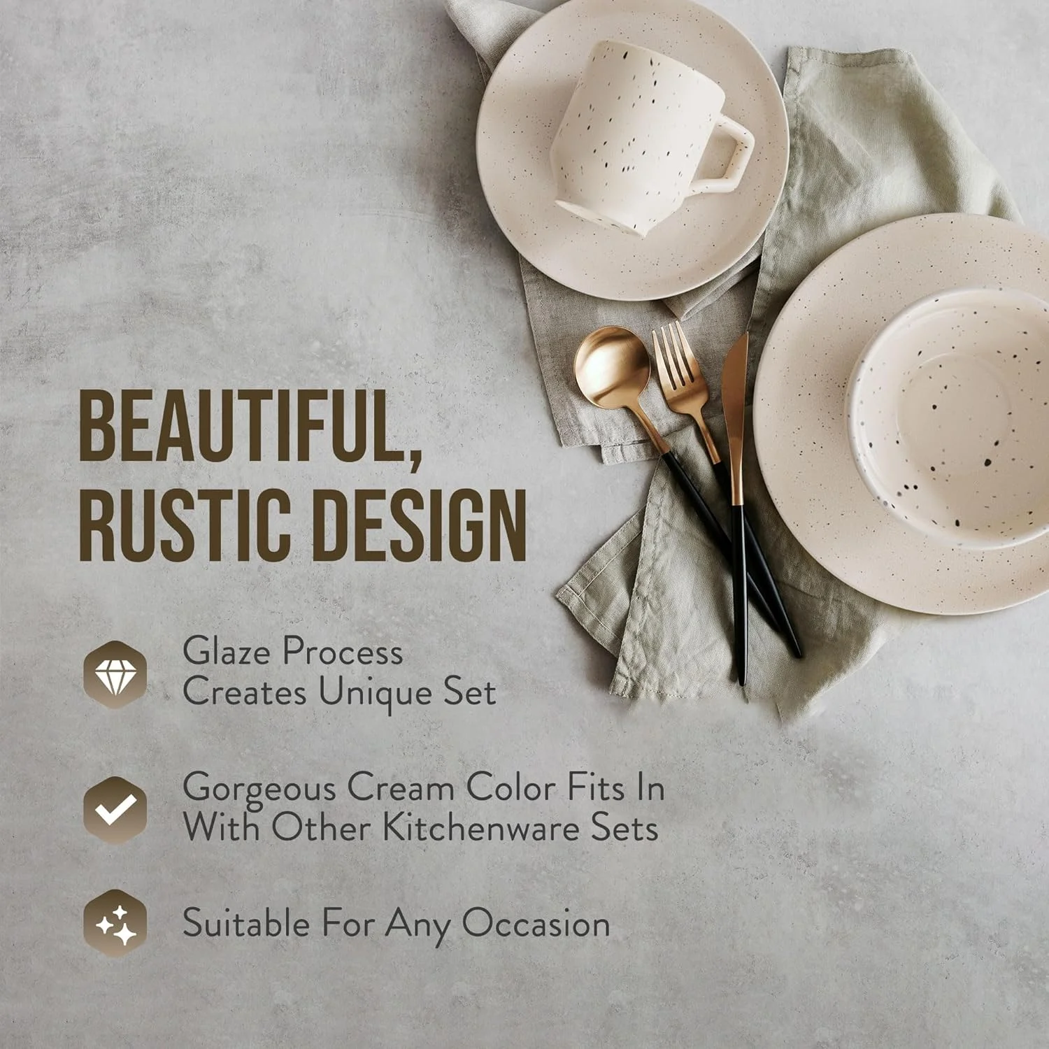 Reactive Stoneware Dinnerware Set | Coffee Mug, Bowl, Plate Set | Stoneware Dish Set | Microwave, Dishwasher Safe | Service For 2 | Speckled Cream 8-Piece Set (Cream)