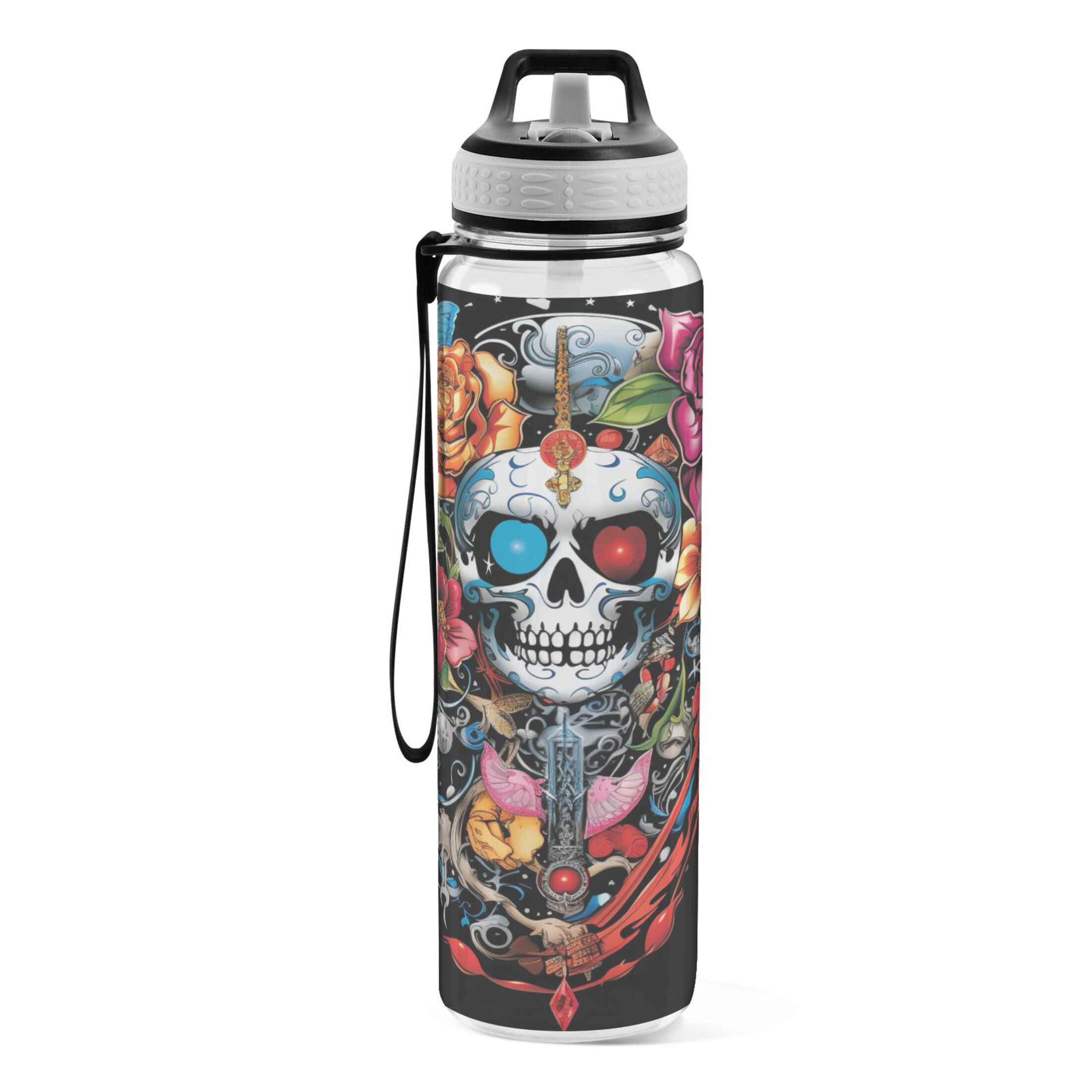 Rose Flowers on Skeleton 32oz Sports Water Bottles Leakproof Tritan Bottle with Straw BPA Free Clear Bottle for Fitness Gym Outdoor Cycling