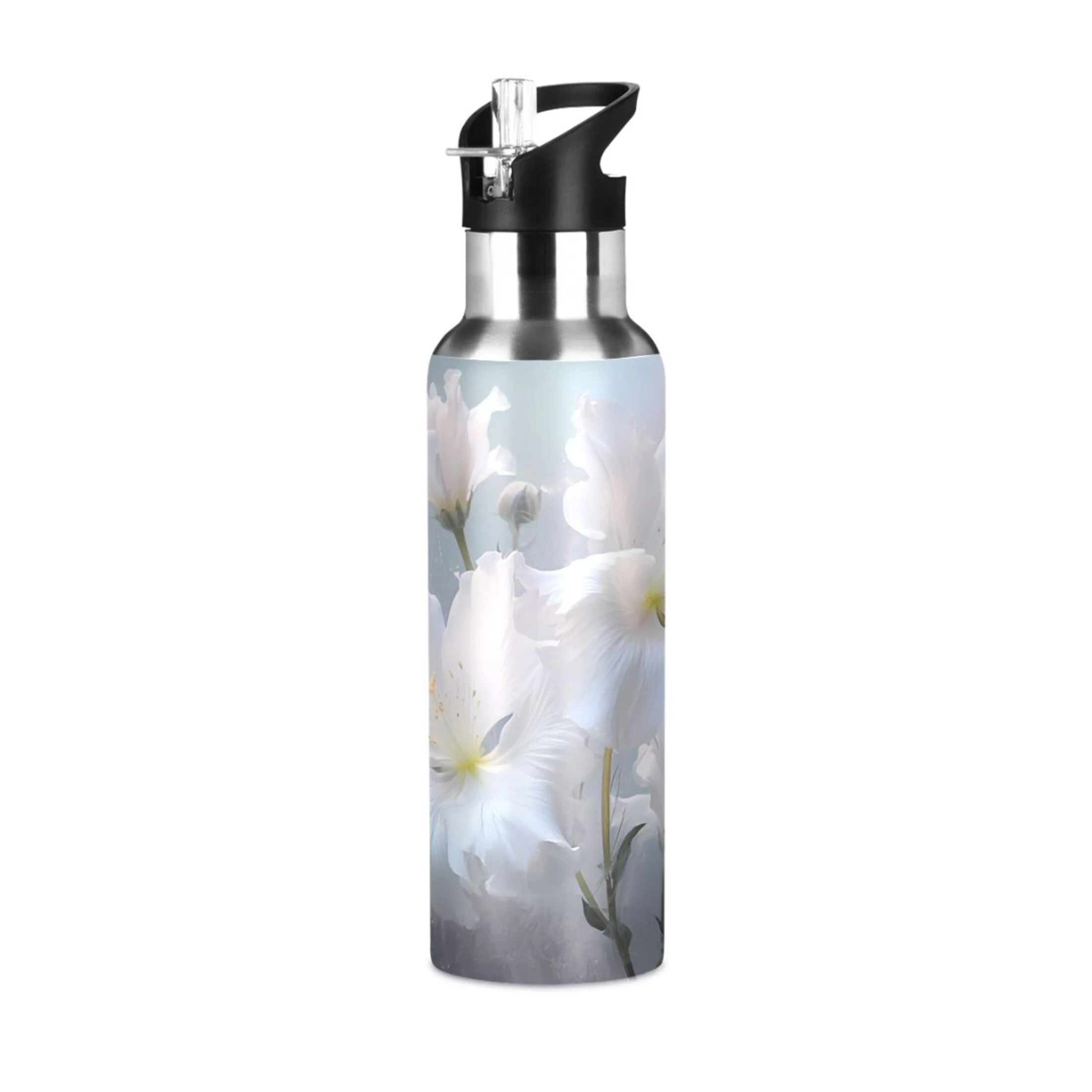 Water Bottle with Straw Lid Leak Lily White Flowers Floral Stainless Steel Insulated Thermos Vacuum Flask for Cold Hot Drinking for Sports Camping Gym Yoga