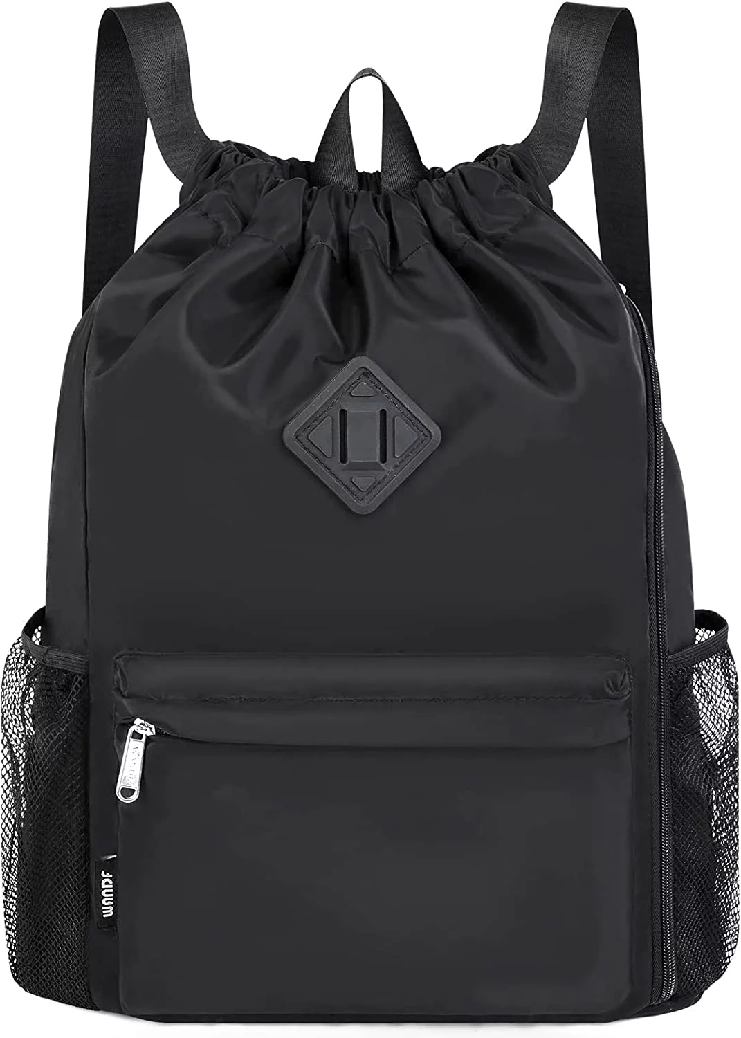 WANDF Drawstring Backpack Sports Gym Bag with Shoes Compartment, Water-Resistant String Backpack Cinch for Women Men (Large,Black)