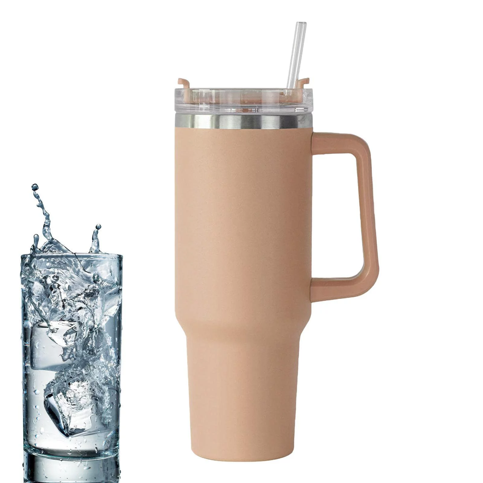 Stainless Steel Water Bottle | Stanleys Cup with Straw and Handle | Tumbler with Handle | Leak Proof Vacuum Insulated Water Bottle for Hot Iced Coffee-Camel