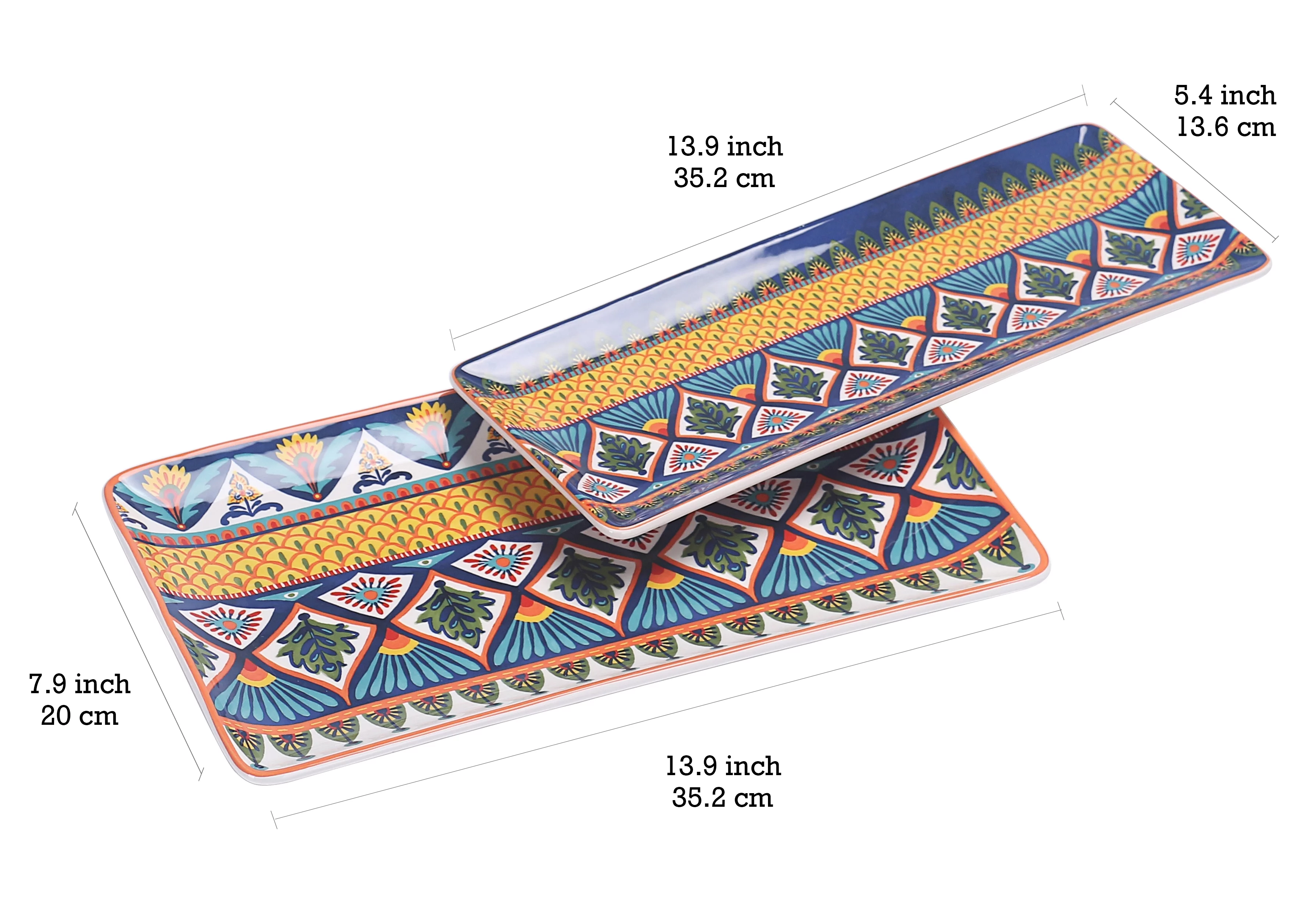 Bico Havana Ceramic 14 inch Rectangular Serving Platter, Set of 2, for Serving Salad, Pasta, Cheese, Ham, Appetizer, Microwave & Dishwasher Safe