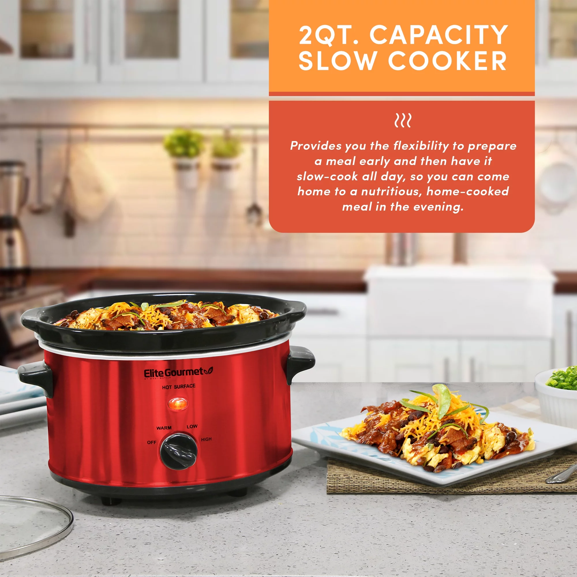 Elite Gourmet 2 Qt Oval Slow Cooker Red