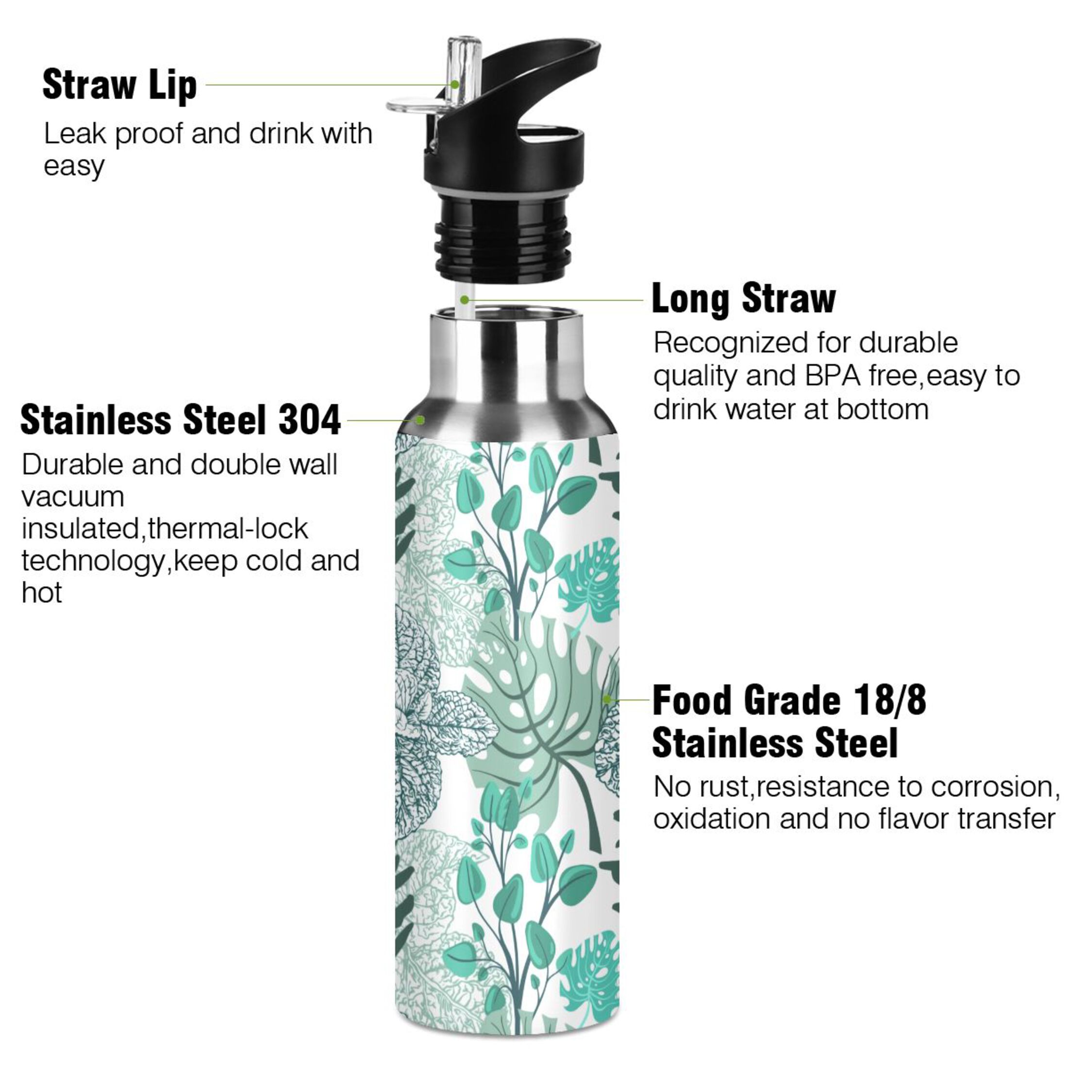 Tropical Leaves Water Bottles Insulated Thermos Kids Stainless Steel Bottle with Straw Lid Flask Leakproof for Sports Gym 20 oz
