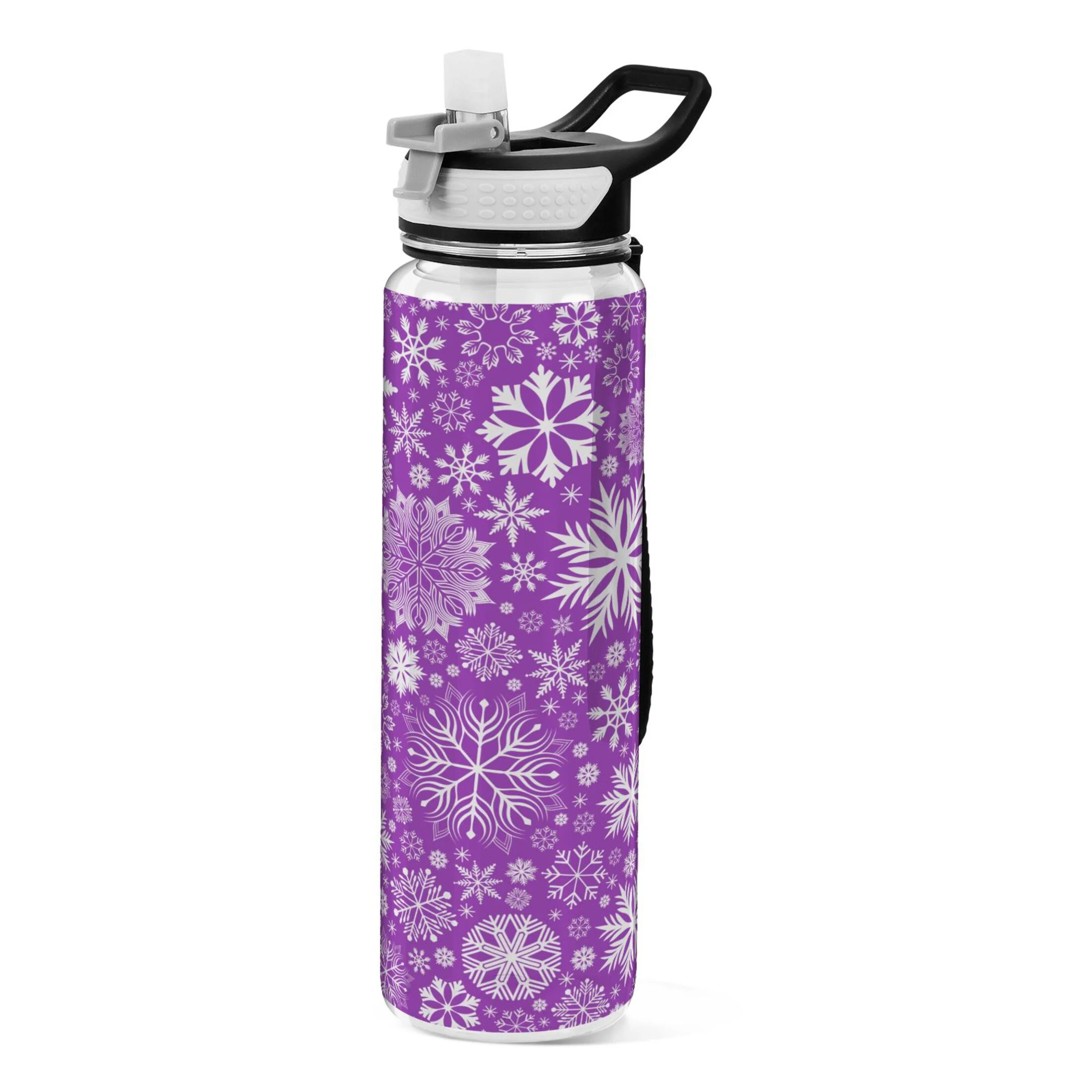 Purple with Snowflakes 32oz Water Bottles with Straw Tritan Leakproof Sports Bottle BPA Free Clear for Fitness Gym Swimming Cycling