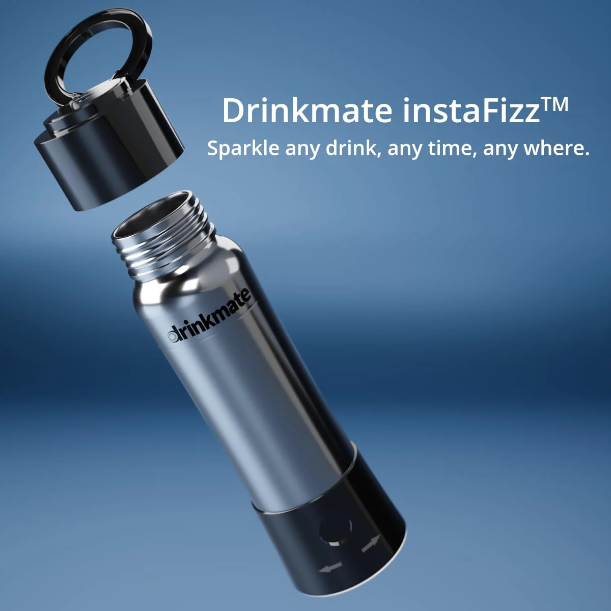 DrinkMate instaFizz Carbonating Water Bottle - Sparkles ANY Drink On the Go - 21oz Stainless Steel, BPA-Free, Wide Mouth, With Insulating Sleeve and Ten 8g CO2 Chargers (Black)