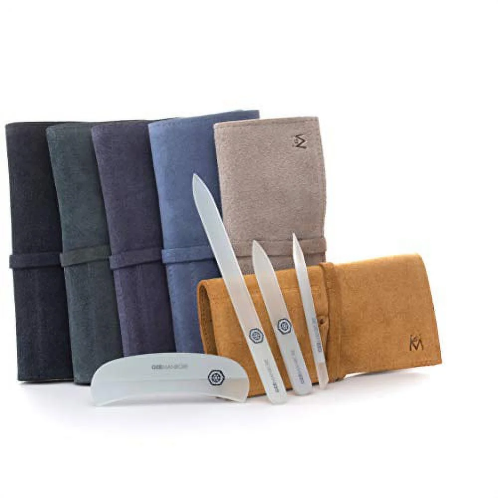 GERMANIKURE Crystal Glass Nail File Set in Beige Suede Case – Handmade in Czech Republic – Professional Manicure & Pedicure Supplies – Glass Cuticle Stick, Pusher, Callous Remover