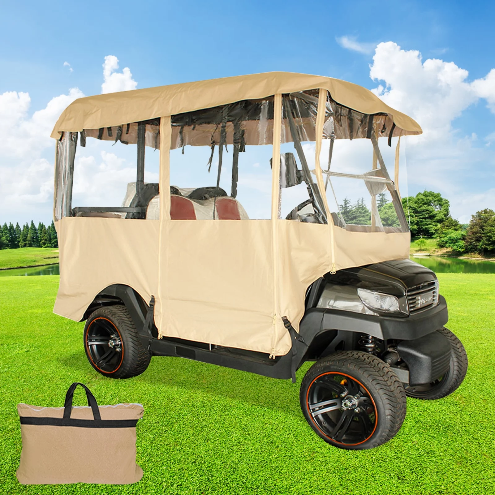 Happybuy  4-Person Waterproof Golf Cart Cover 300D Waterproof Windproof Outdoor Polyester Full Cover