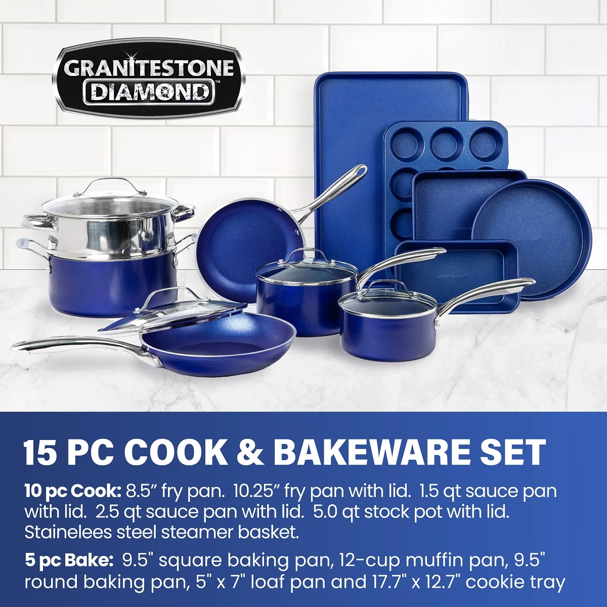 Granite Stone Classic Blue 15 Piece Pots and Pans Set, Nonstick Cookware Set