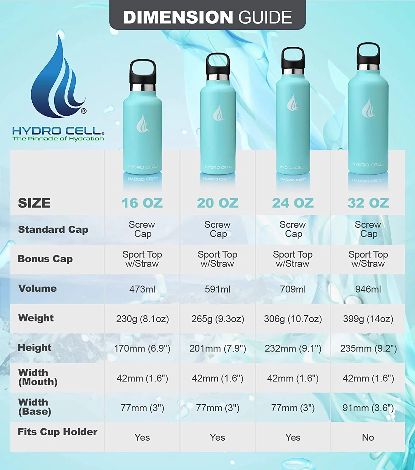 HYDRO CELL Stainless Steel Water Bottle w/Straw & Standard Mouth Lids