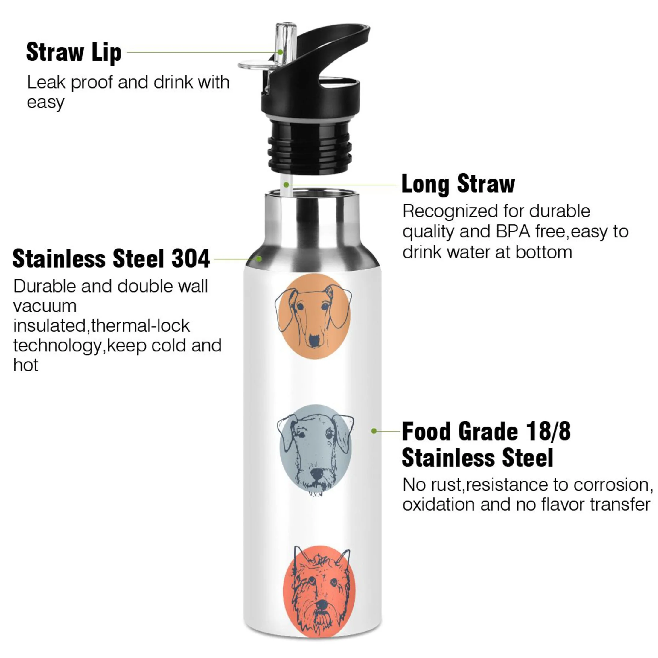 Water Bottle with Straw Lid Leak Cute Dogs Animal Stainless Steel Insulated Thermos Vacuum Flask for Cold Hot Drinking for Sports Camping Gym Yoga