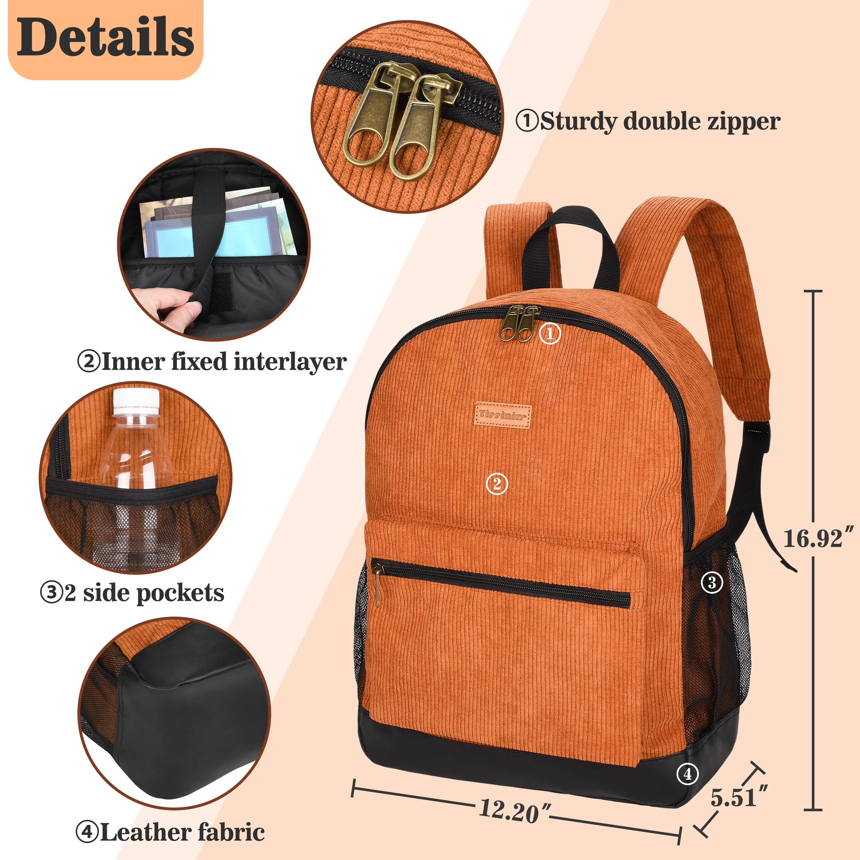 Tirrinia Corduroy Backpack Classic Travel Rucksack for Both Men and Women,Vintage orange