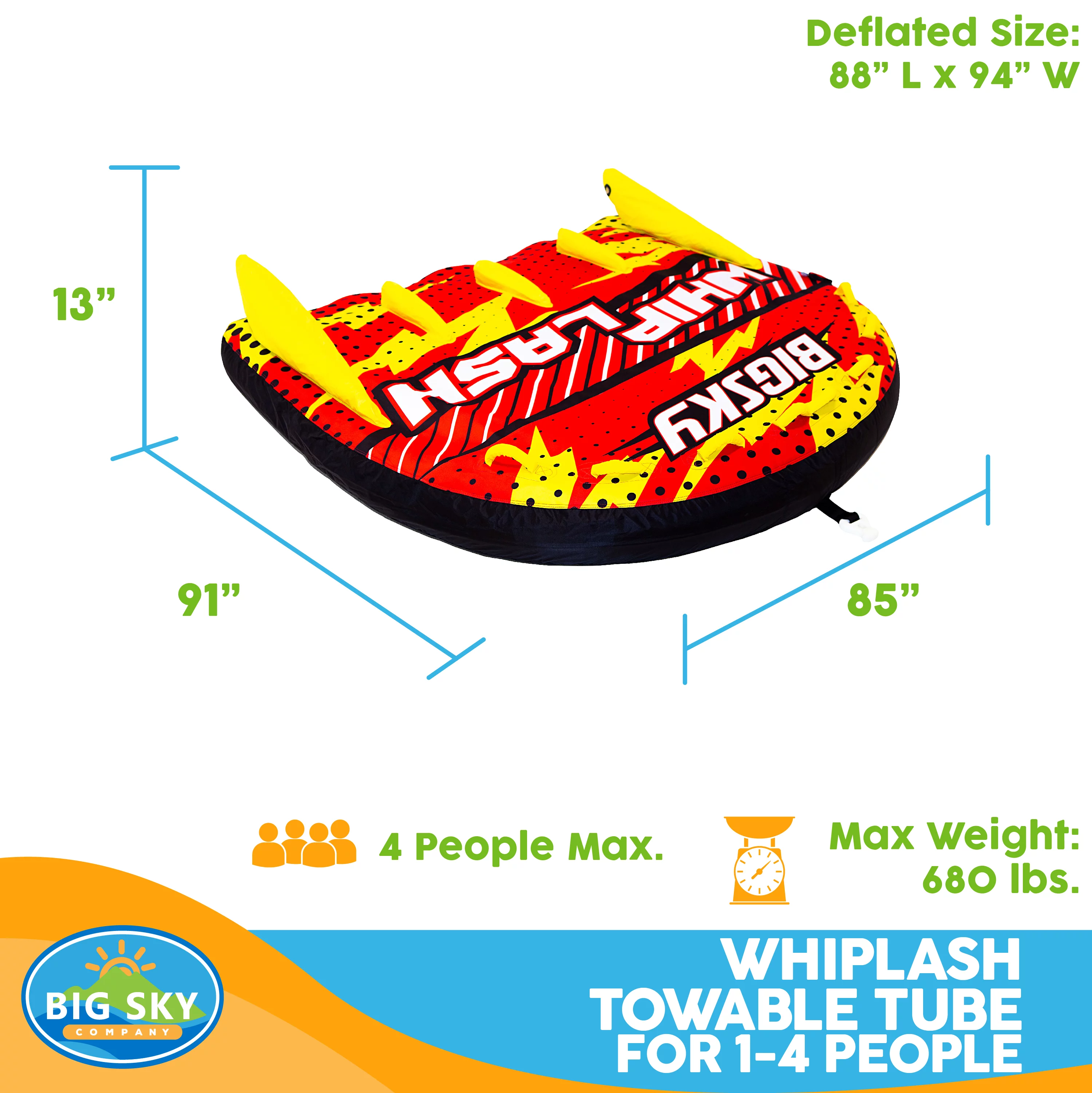 Big Sky Whiplash Inflatable Waterskiing Towable Tube with 4 Seats