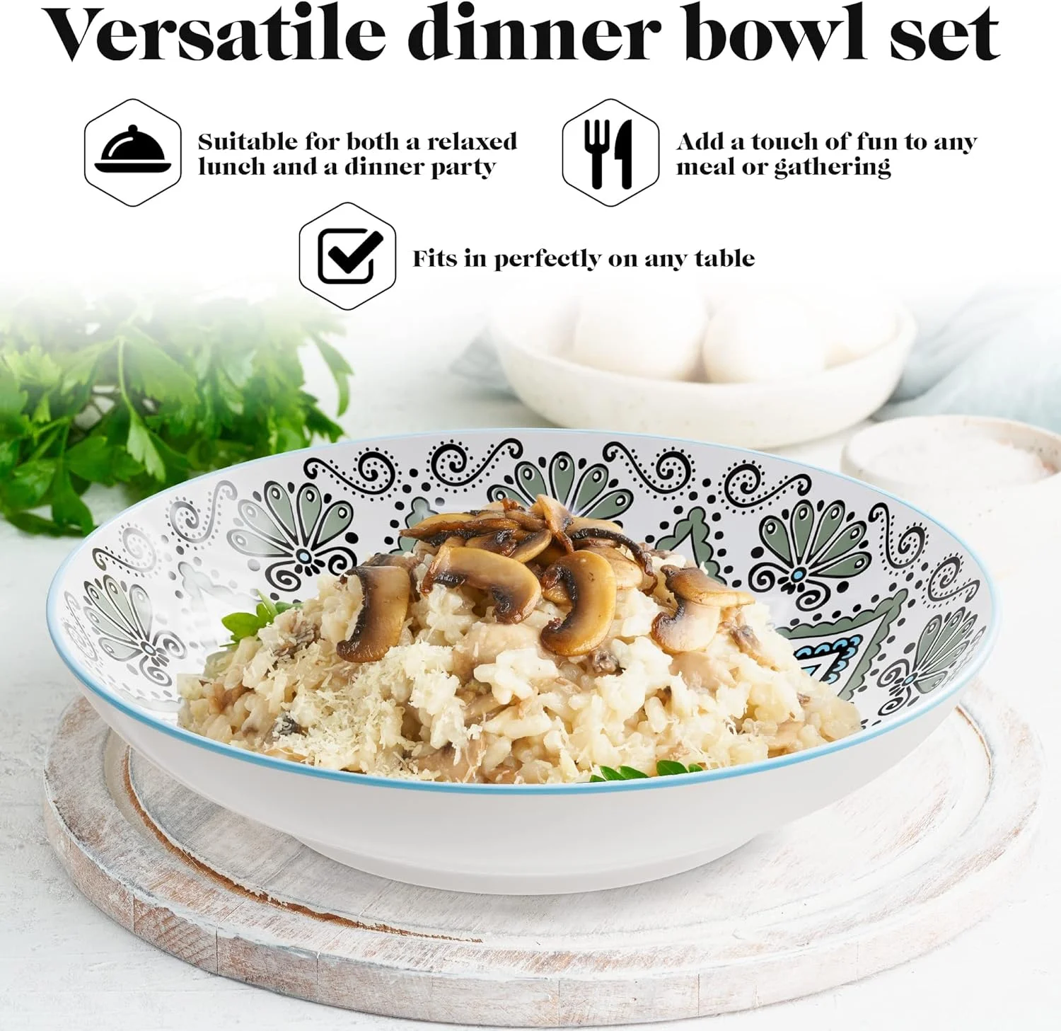 Pasa Bowls | Se Of 4 | Large, 9-Inch, Dinner Serving Plaes | Wide And Shallow Bowls Se For Pasa, Salad, Soup, Spaghei, Sews, Or Cereal | Medallion Moif (Blue & Whie)