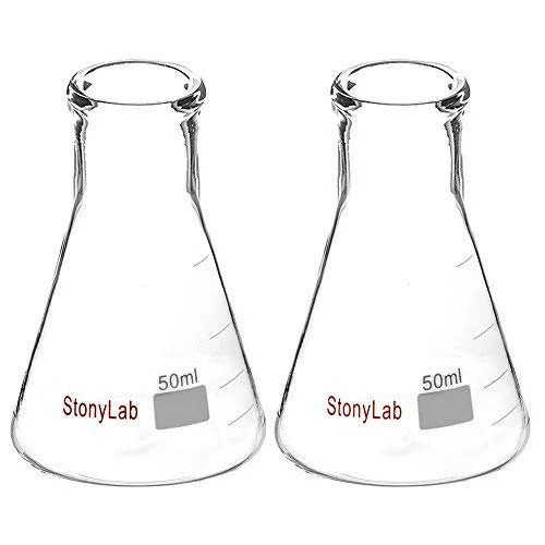 StonyLab 2-Pack Glass 50ml Heavy Wall Narrow Mouth Erlenmeyer Flasks with Heavy Duty Rim - (50ml Fits with StonyLab 4# Rubber Stopper)