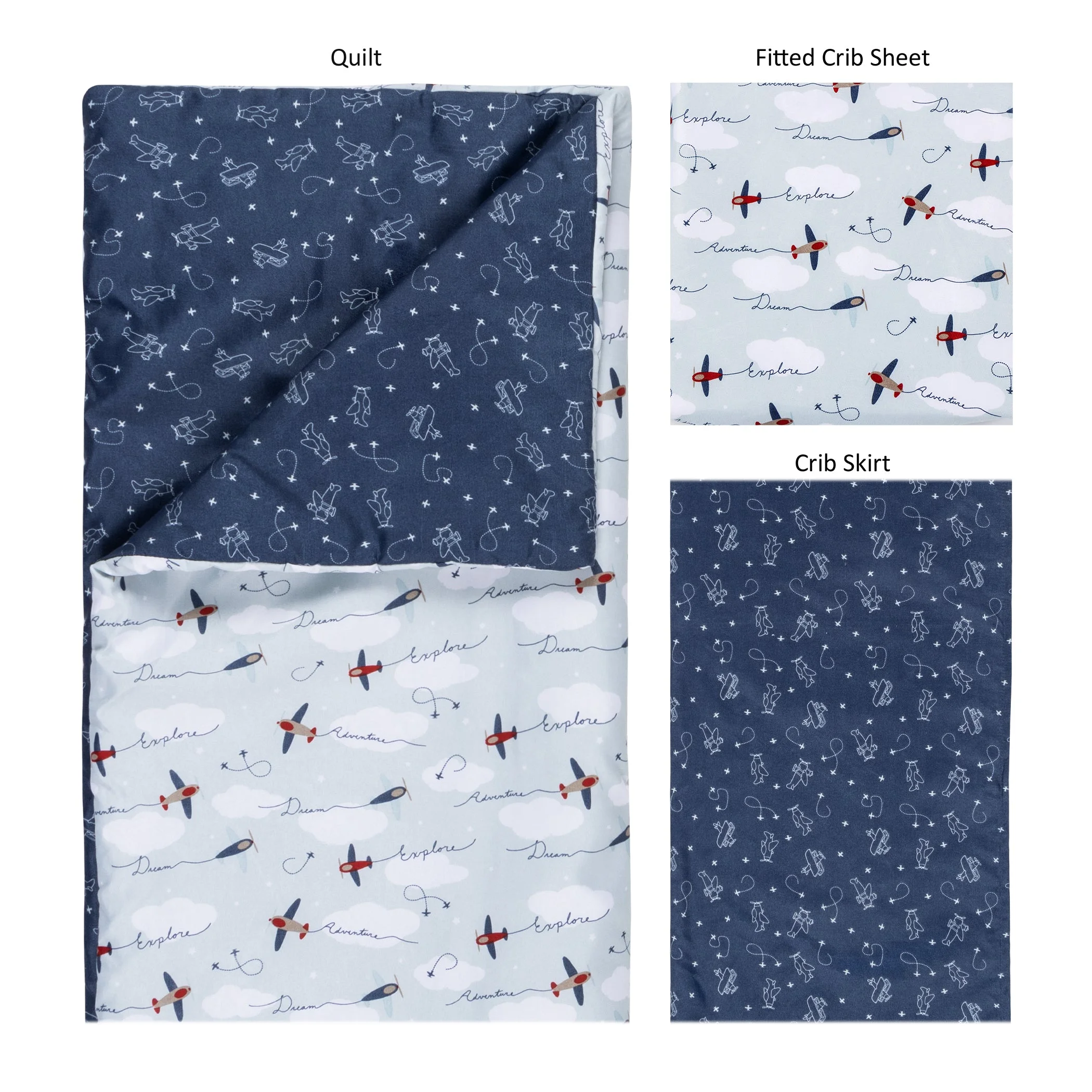 Sammy & Lou Unisex Air Travel 3pc Crib Bedding Set, Infant, 200 Thread Count, Airplane Character