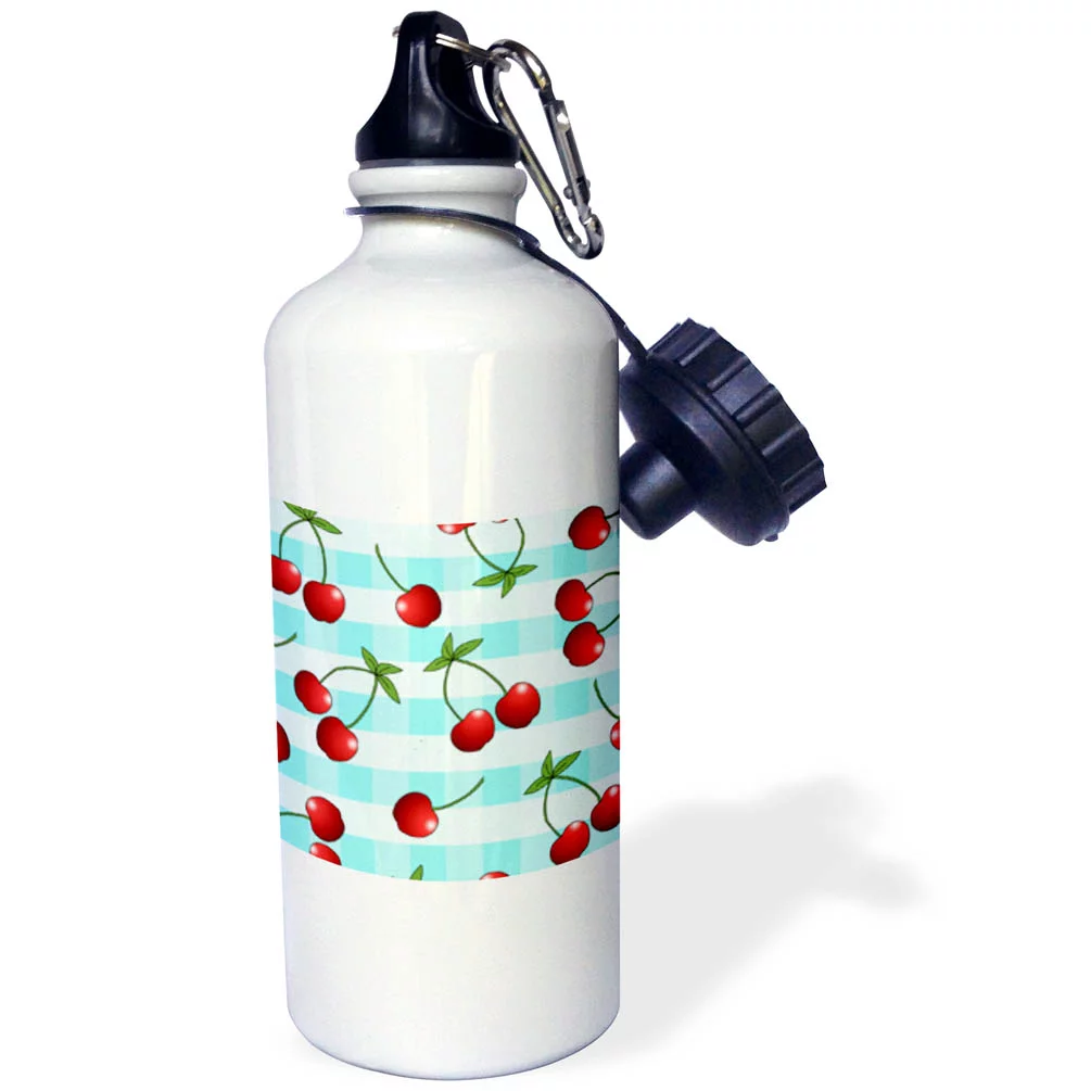 3dRose Cherry Print Juicy Red Cherries on Blue Check, Sports Water Bottle, 21oz