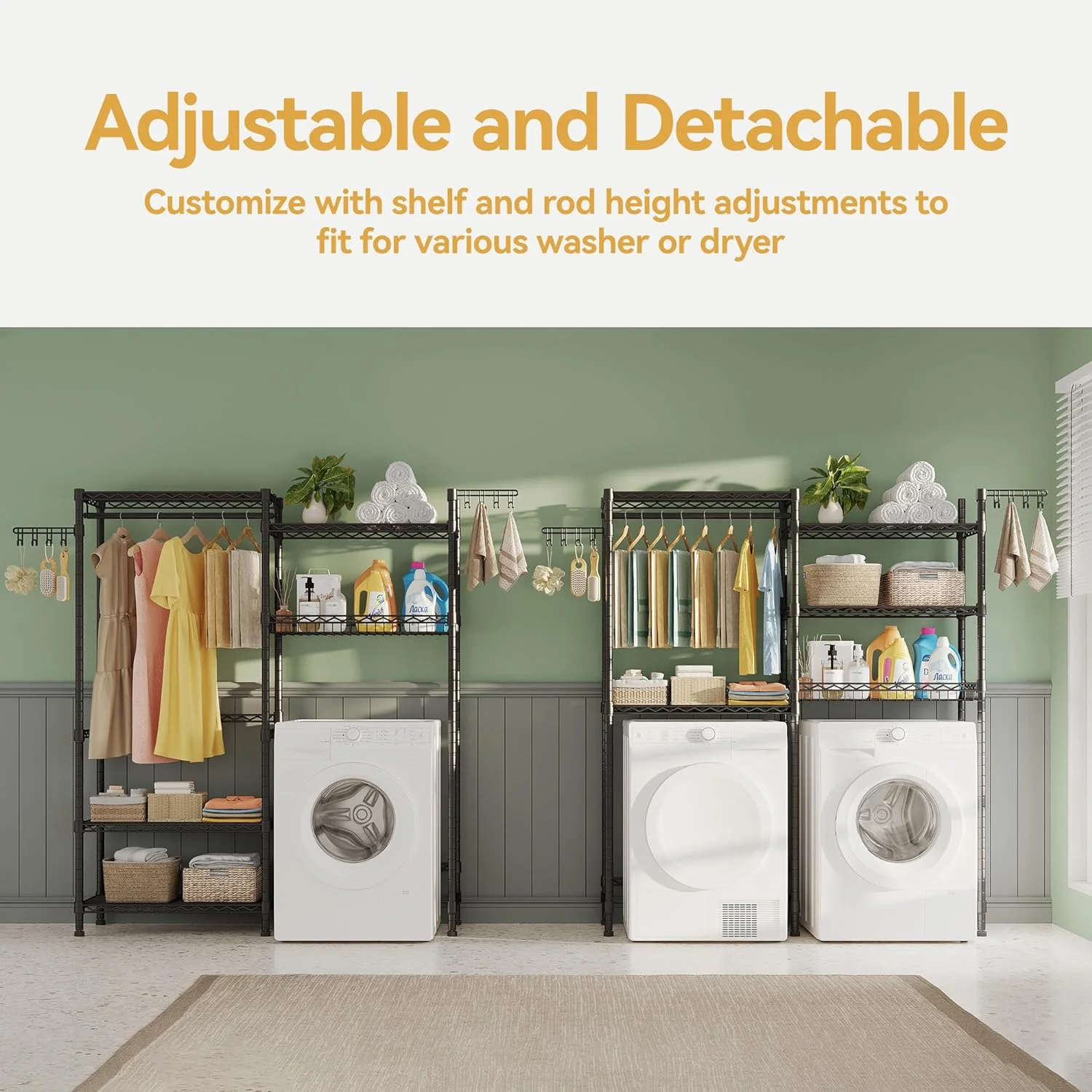 H6 Pro Over the Washer and Dryer Storage Shelf, Laundry Room Organization Storage with Adjustable Shelves & Wire Basket, Over Washer Storage With Clothes Drying Rack and Hook, Large Size,White