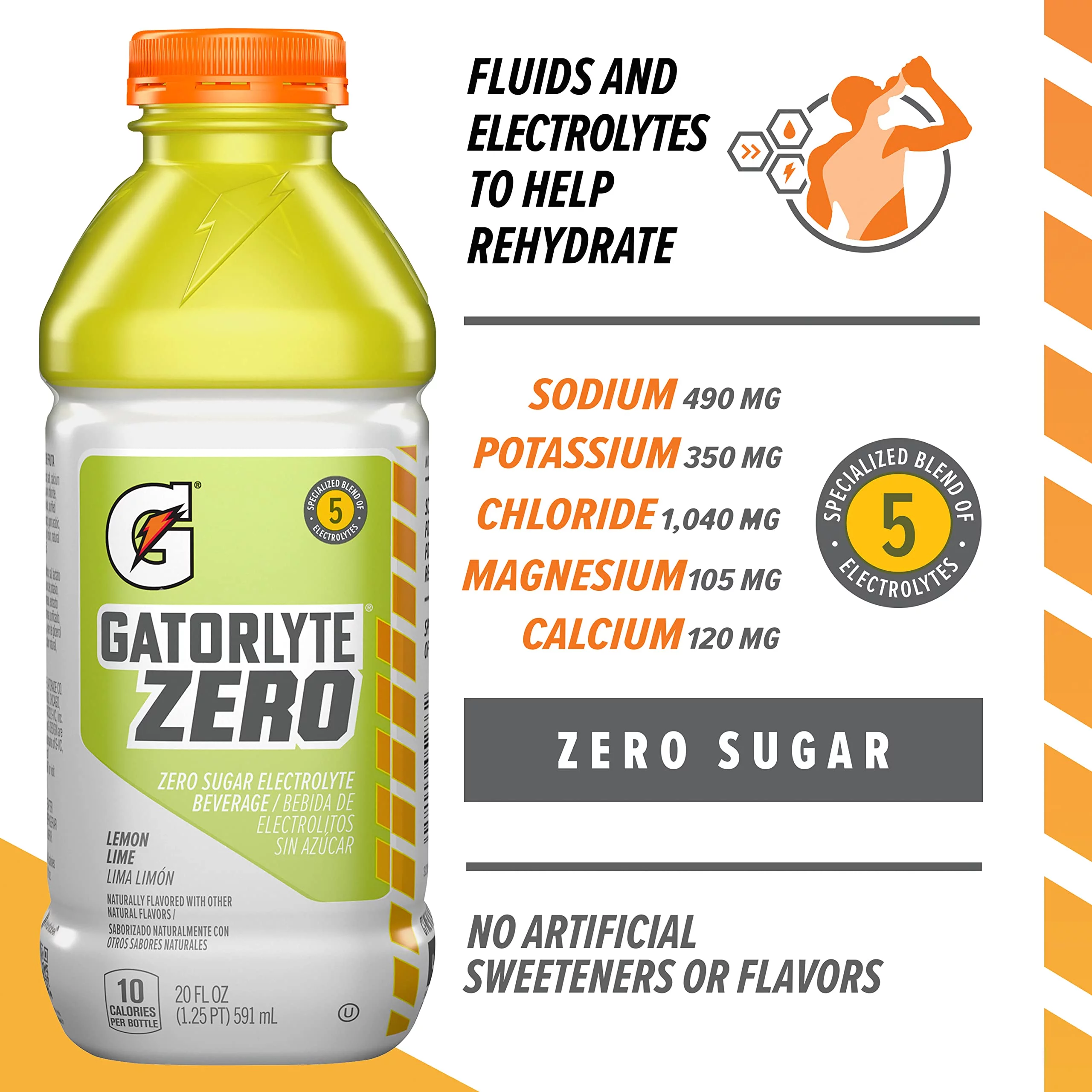 Gatorlyte Zero Electrolyte Beverage, Lemon Lime, Zero Sugar Hydration, Specialized Blend Of 5 Electrolytes, No Artificial Sweeteners Or Flavors, 20Oz Bottles (12 Pack)?