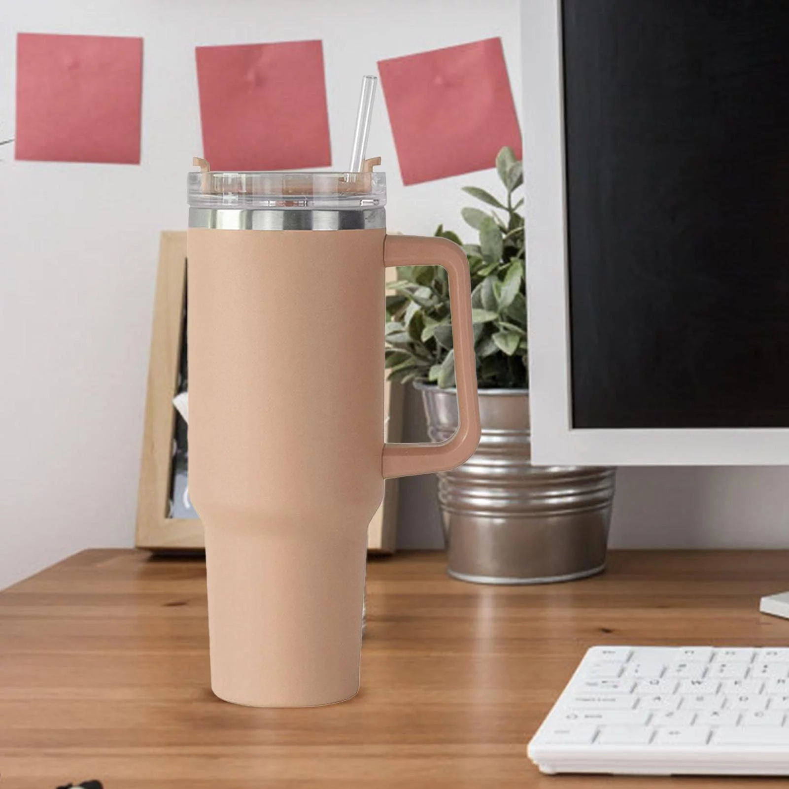 Stainless Steel Water Bottle | Stanleys Cup with Straw and Handle | Tumbler with Handle | Leak Proof Vacuum Insulated Water Bottle for Hot Iced Coffee-Camel