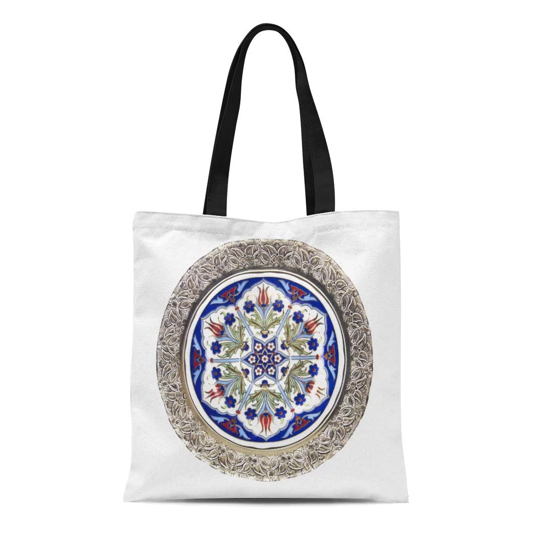 ASHLEIGH Canvas Tote Bag Blue Antique Historical Turkish Plate Dish Iznik Ottoman Old Reusable Shoulder Grocery Shopping Bags Handbag