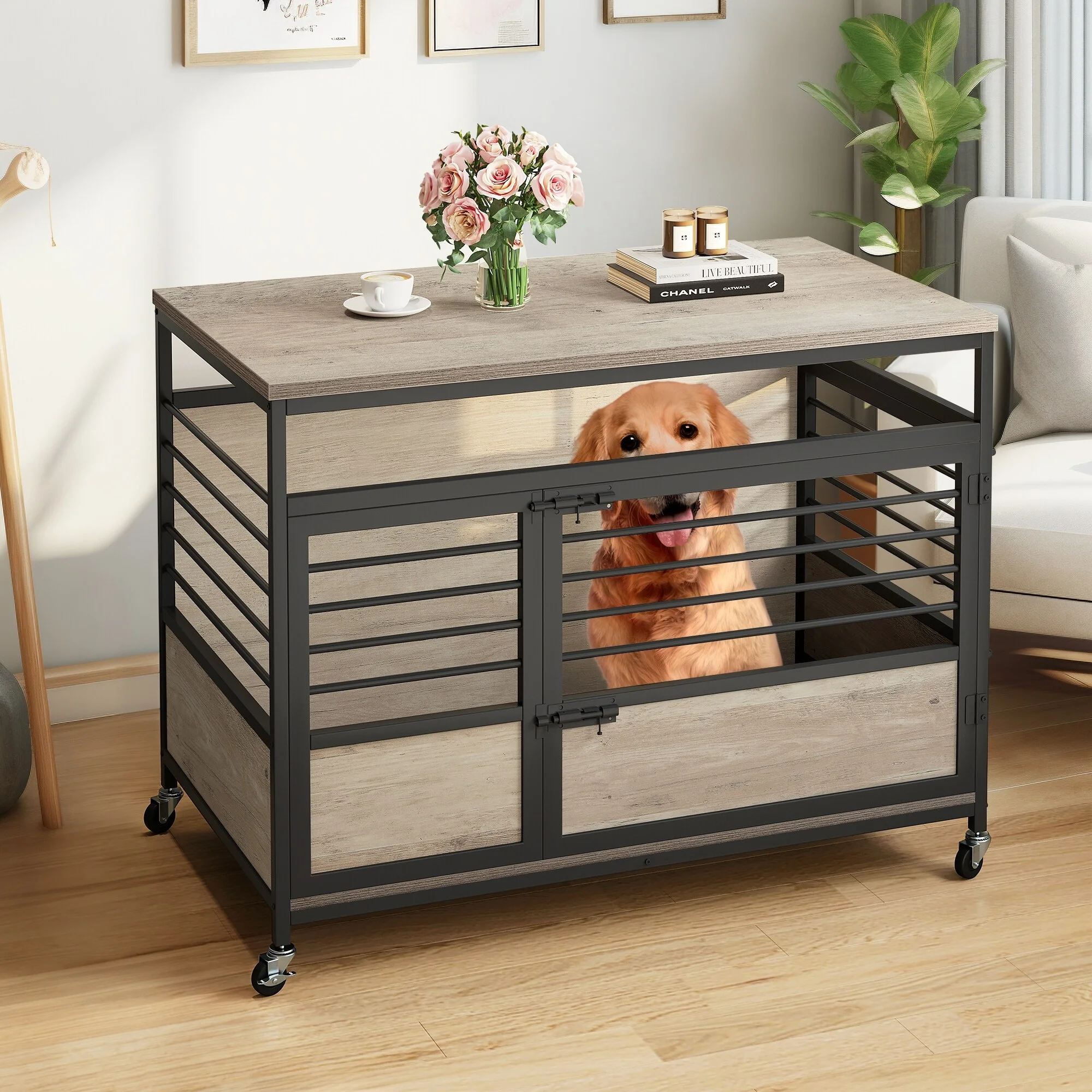 WedealFu Inc Moasis Pet Dog Crate Furniture with Lockable Door and Wheels 39.4 in. W X 23.6 in. D X 30.1 in. H