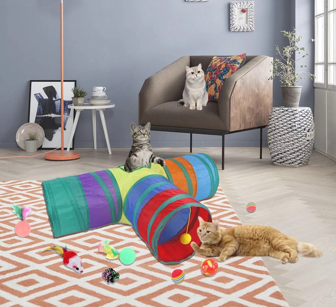 Petimi Cat Toys, Cat Tunnel Toy Set, 18 Pcs of Interactive Fun with Three-Hole Tunnel, Interactive Feather Toy, Cat Springs, Jingle Balls and Fluffy Mouse
