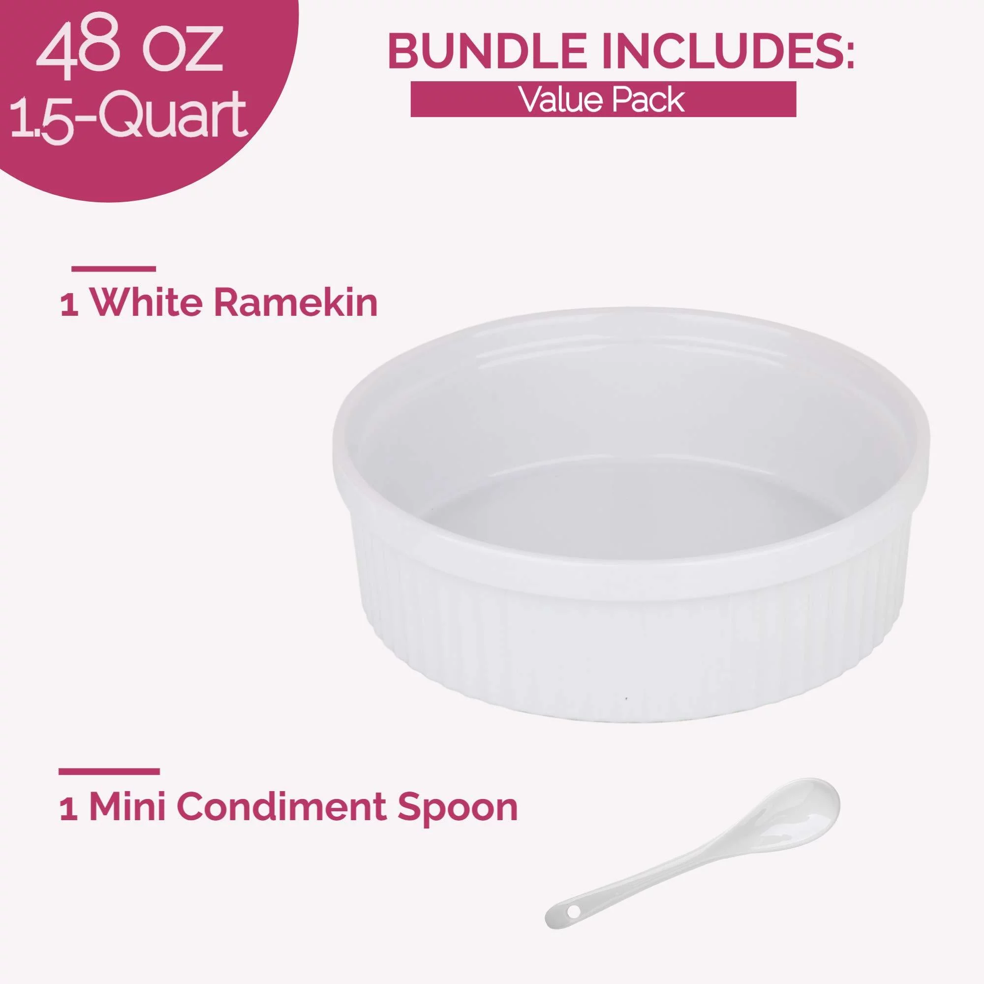 Souffle Dish Ramekins for Baking - 48 Oz, 1.5 Quart Large Ceramic Oven Safe Round Fluted Ramekin Bowl with Mini Condiment Spoon for Souffle Pot Pie Casserole Pasta Roasted Vegetables Baked Desserts
