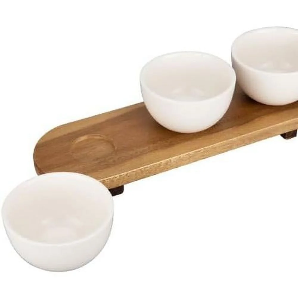 White Stoneware Serving Bowl Set With Acacia Wood Stand 14” X 4.5” Condiment Caddy, Dip Bowls, Charcuterie Server, Flight Board