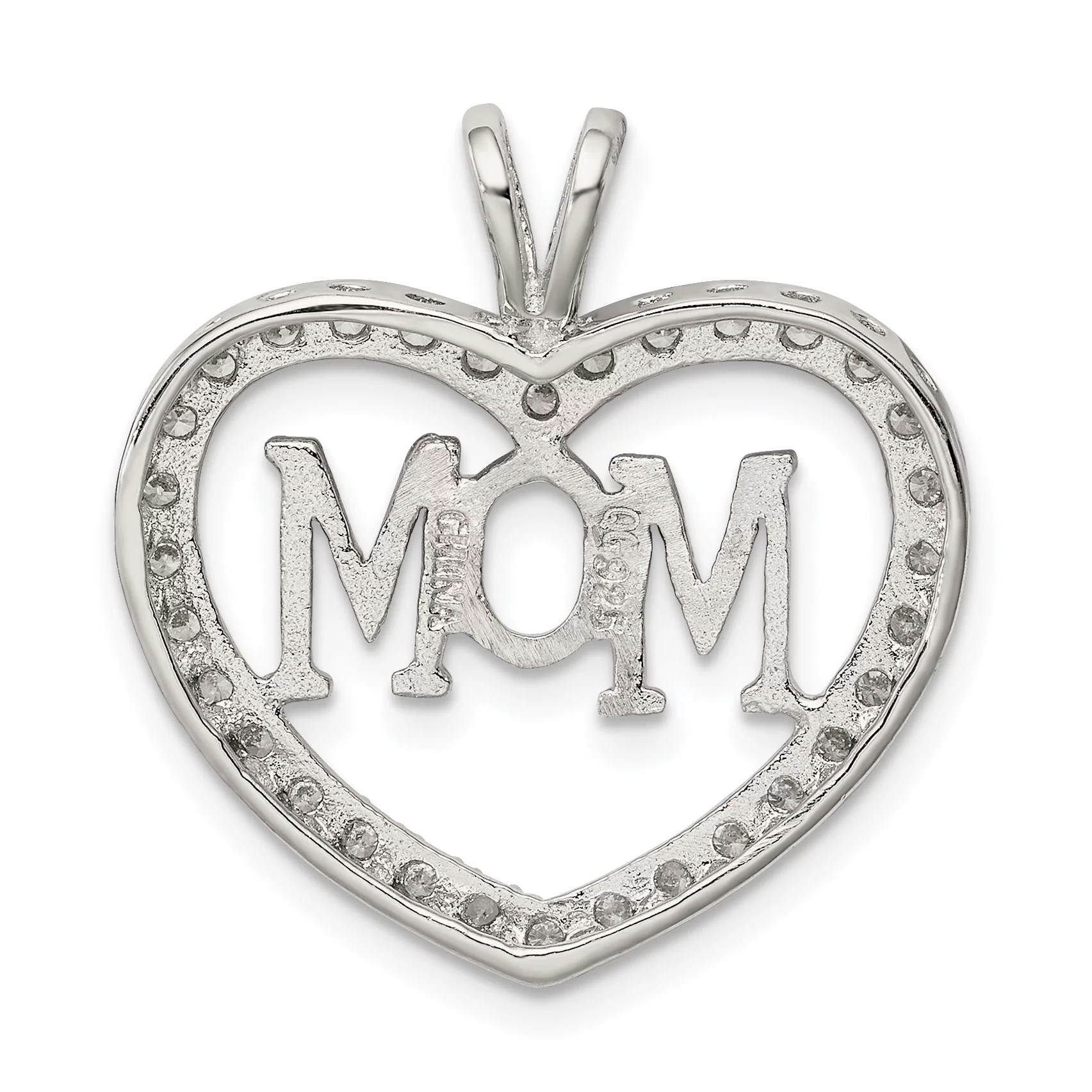 Carat in Karats Sterling Silver Polished Finish Rhodium-Plated CZ Open Heart Mom Charm Pendant (26mm x 24mm) With Sterling Silver Cable Chain Necklace 20''