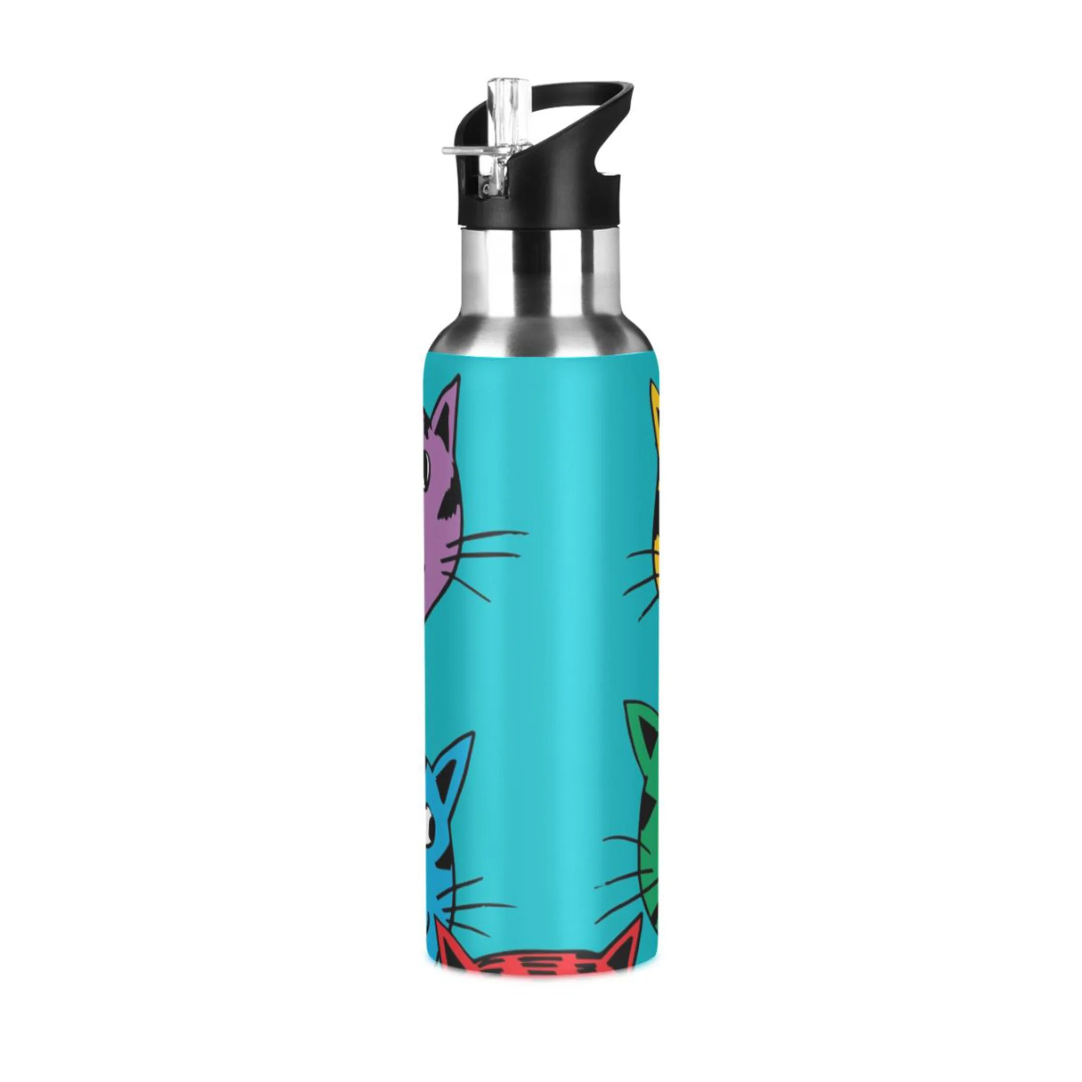 Water Bottle with Straw Lid Leak Five Colorful Cartoon Cats Stainless Steel Insulated Thermos Vacuum Flask for Cold Hot Drinking for Sports Camping Gym Yoga