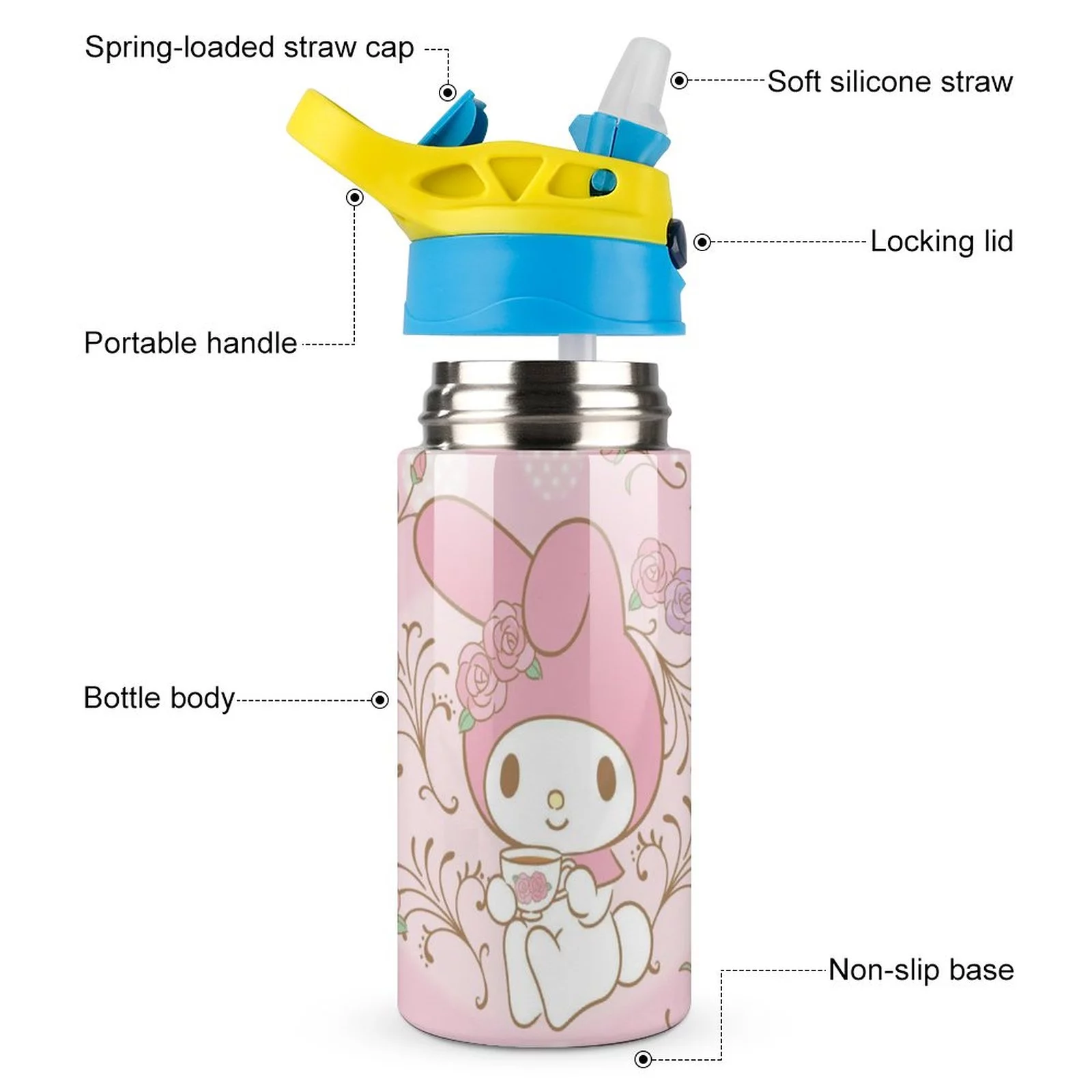 My Melody Rabbit Children's Water Bottle Vacuum Insulated Stainless Steel Cup With Straw Toddler Thermoses