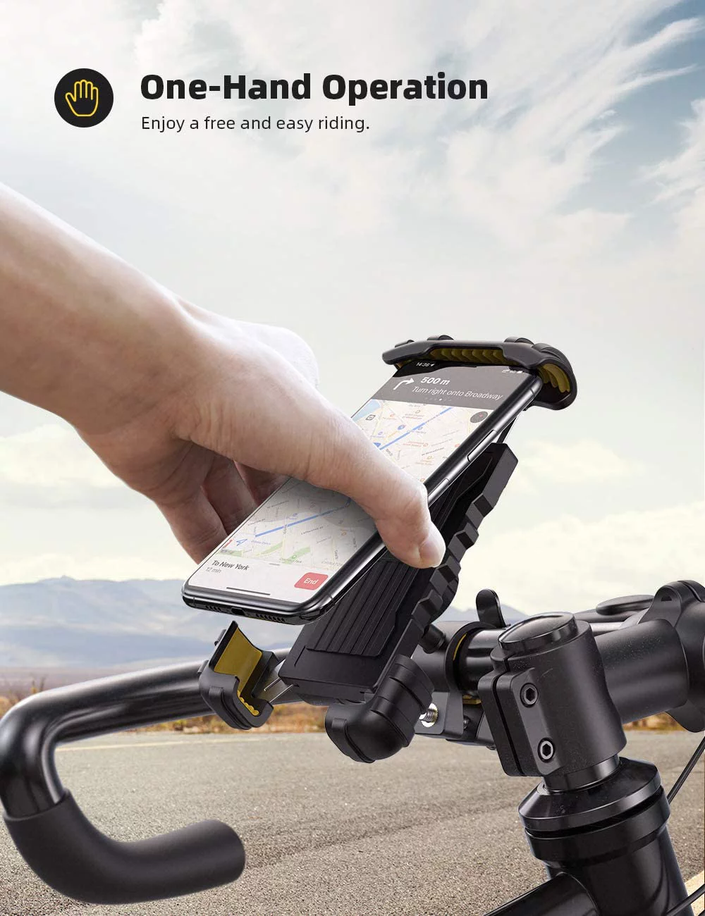 Lamicall Bike Phone Holder, Motorcycle Phone Holder – 360° Handlebar Mount with Rotation for iPhone 15 14 13 12 11 Pro Max Plus Mini XS XR X 8, Samsung, Huawei, 4.7-6.8 Inch Smartphones – Yellow