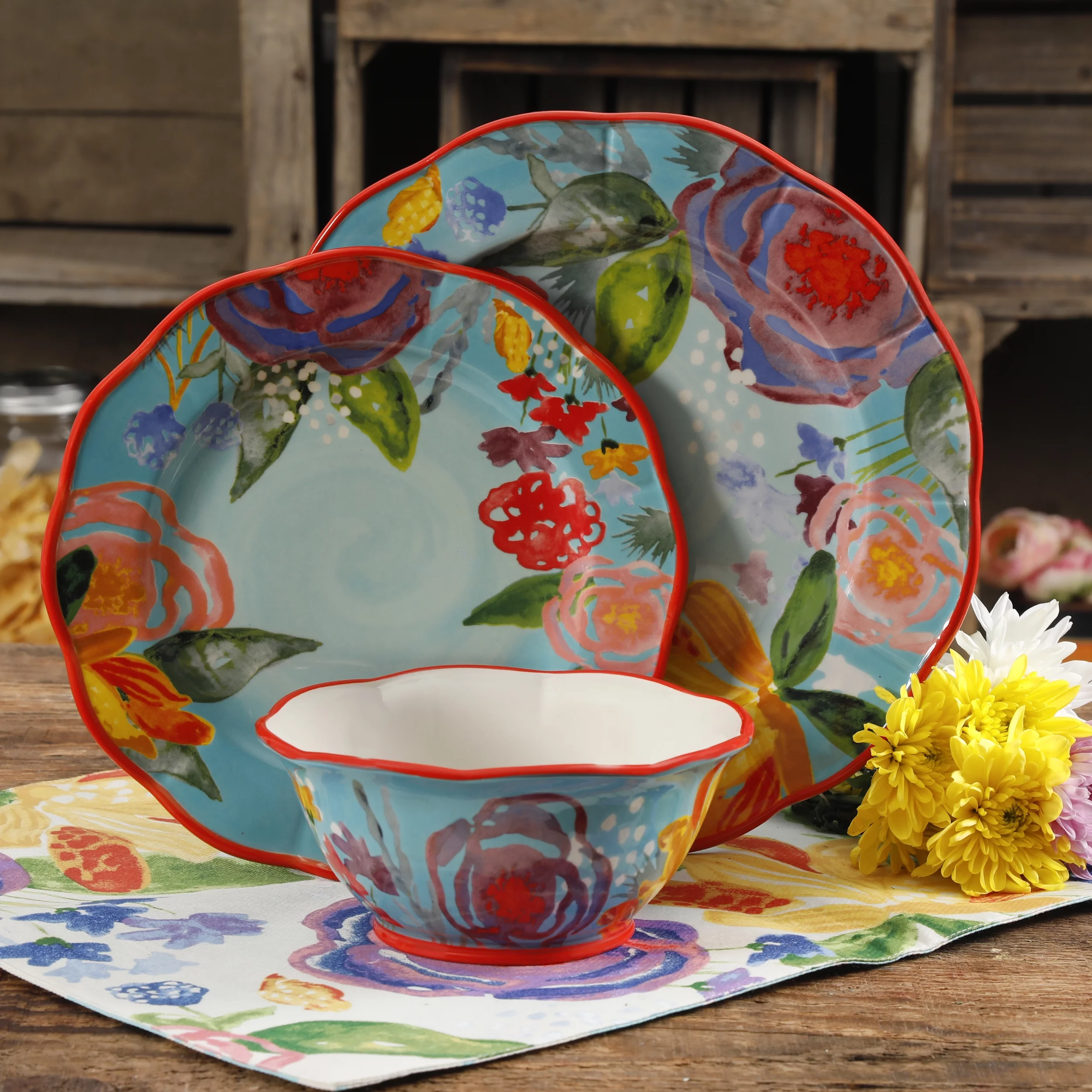 The Pioneer Woman Celia 12-Piece Dinnerware Set, Aqua
