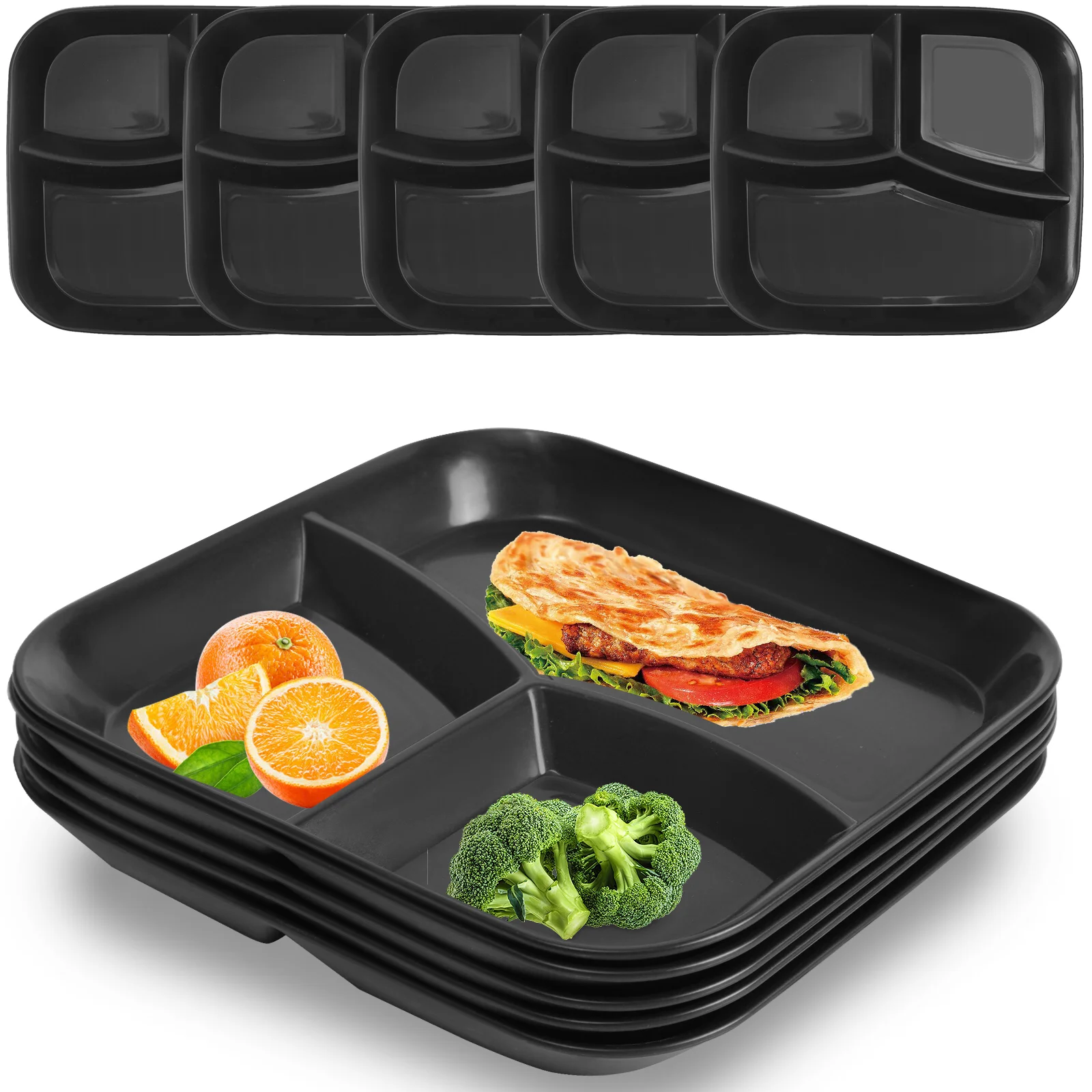 YUESHENGHAO10-inch (5PCS)unbreakable wheat child/adult divider plate, 3-compartment divider plate, dishwasher/microwave safe divider plate/Lightweight reusable plastic divider plate, BPA-free (black)