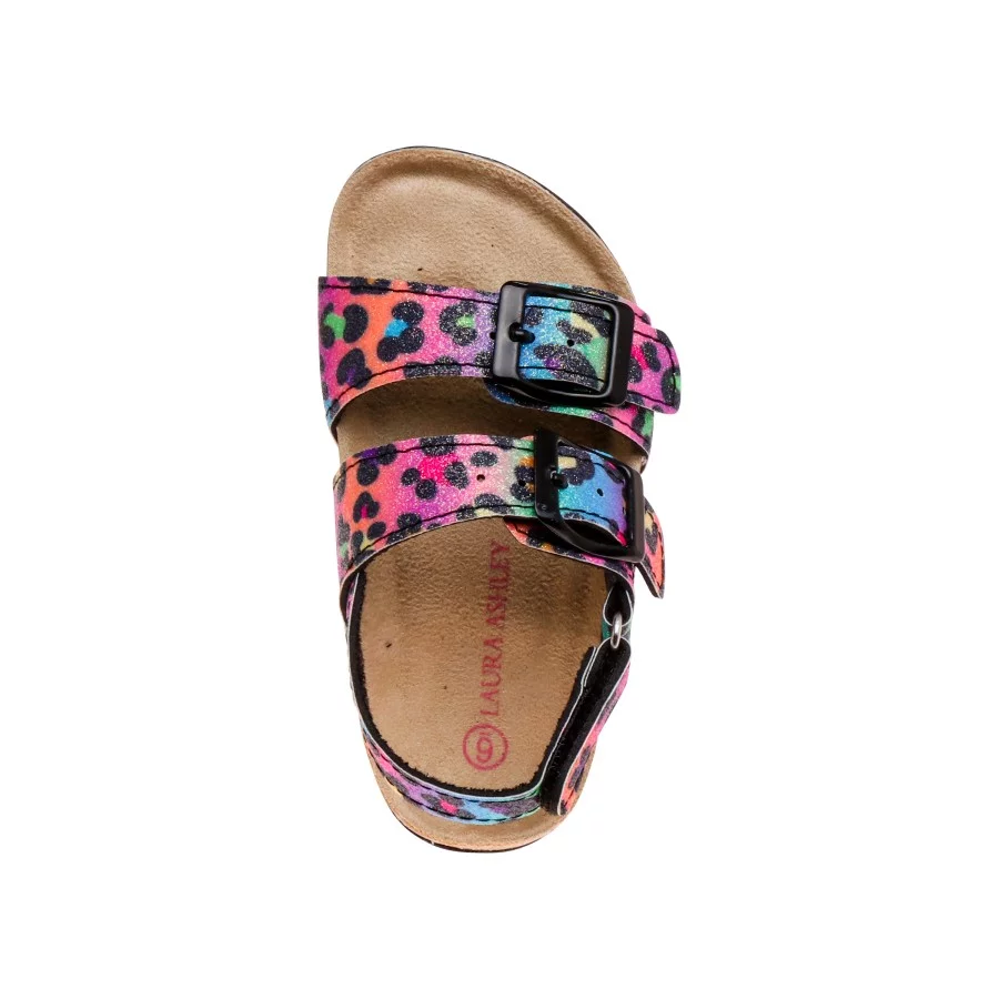 Laura Ashley Girls Footbed Toddler Buckle Sandals Hook and Loop - Black Multi, 5
