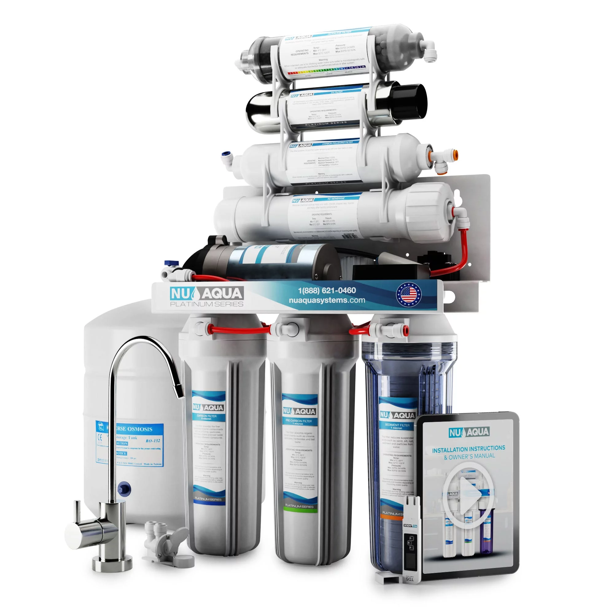 NU Aqua Platinum Series 7 Stage Alkaline and UV Ultraviolet 100GPD RO System with Booster Pump