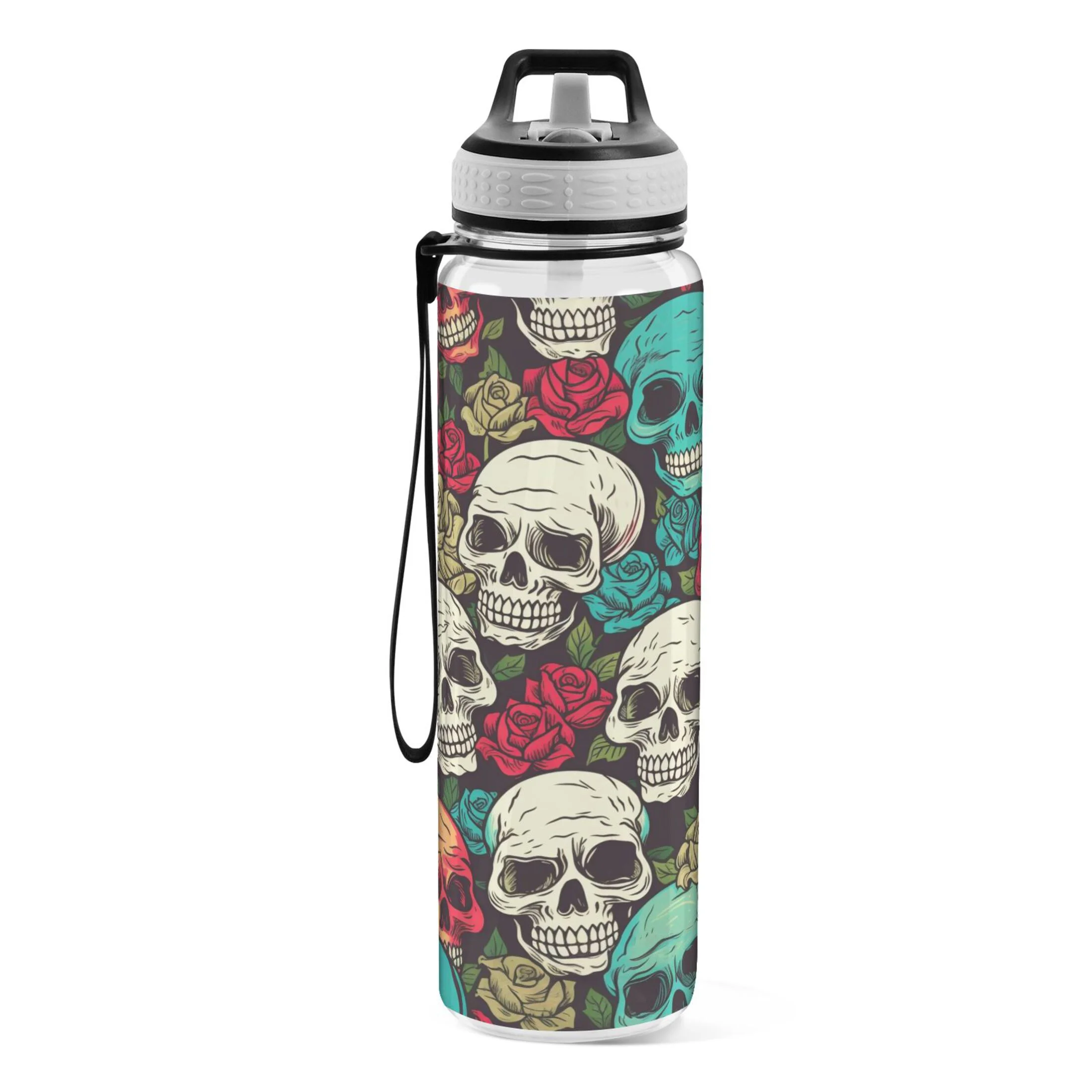 Skulls Skeleton 32oz Water Bottles with Straw Tritan Leakproof Sports Bottle BPA Free Clear for Fitness Gym Swimming Cycling