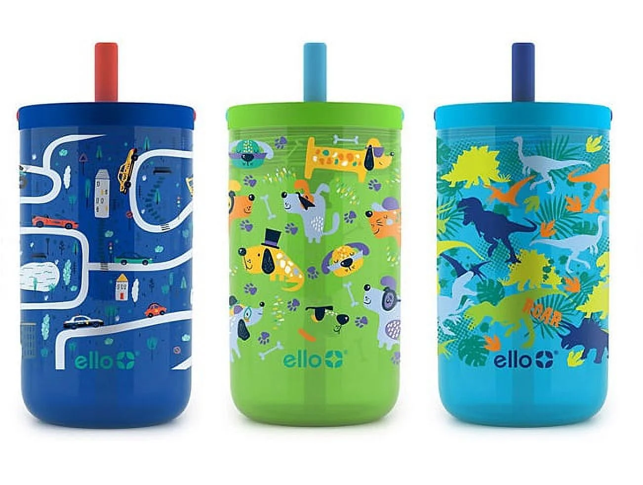 Ello Kids Bop 12 oz Tritan Tumbler, 3 Pack, Cars, Dogs & Dinosaurs