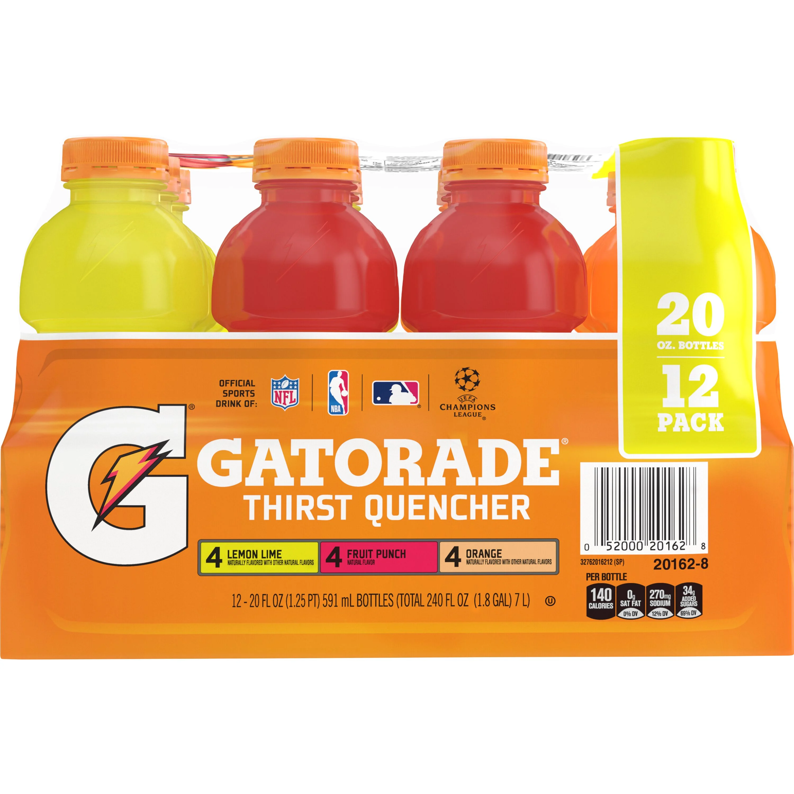 Gatorade Thirst Quencher Variety Pack, Lemon Lime/Fruit Punch/Orange, 20 fl oz, 12 Count Bottles